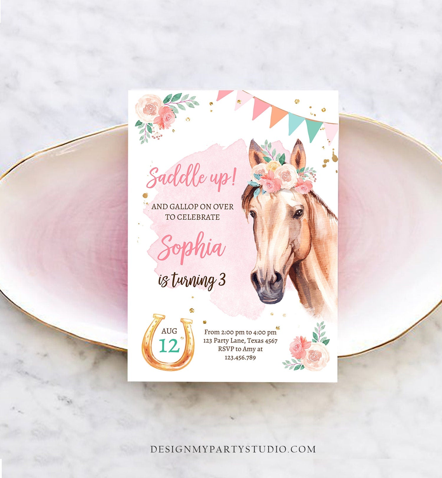 Editable Horse Birthday Invitation Girl Saddle Up Watercolor Cowgirl Party Horse Pony Pink Digital Download Evite Template Printable 0398