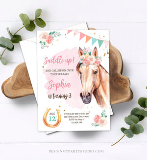 Editable Horse Birthday Invitation Girl Saddle Up Watercolor Cowgirl Party Horse Birthday Invite Pink Download Printable Template Corjl 0398