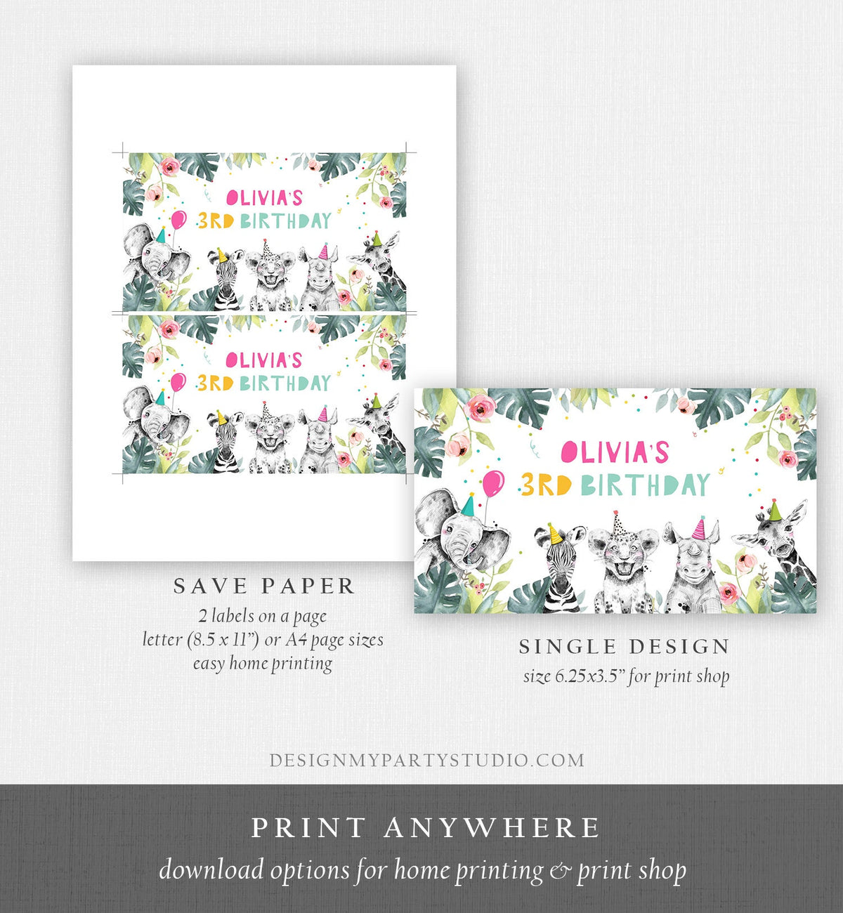 Editable Party Animals Birthday Gable Box Safari Animals Birthday Gift Box Label Party Animals Girl Download Printable Digital Template 0322