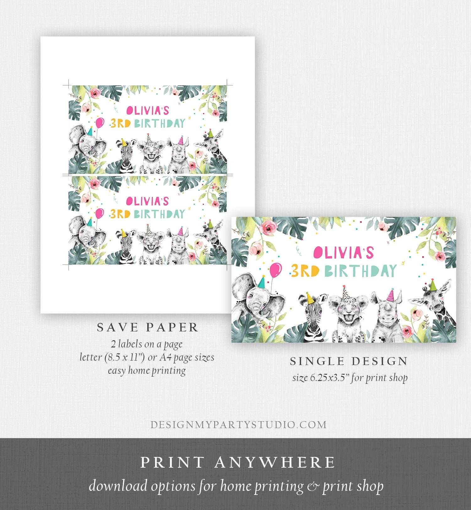 Editable Party Animals Birthday Gable Box Safari Animals Birthday Gift Box Label Party Animals Girl Download Printable Digital Template 0322