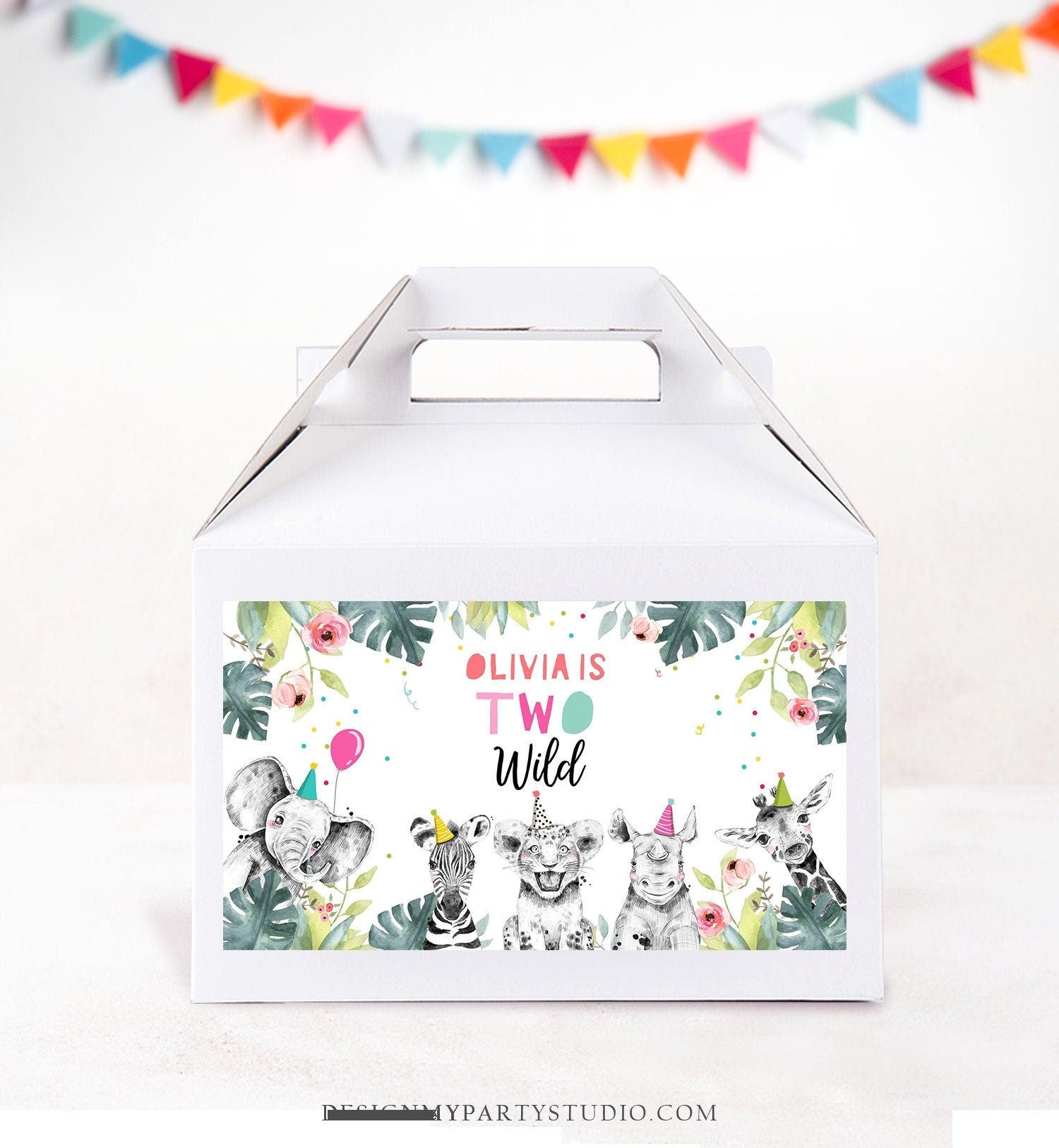 Editable Party Animals Gable Safari Animals 2nd Birthday Gift Box Labels Watercolor Two Wild Girl Pink Digital Download Printable 0322