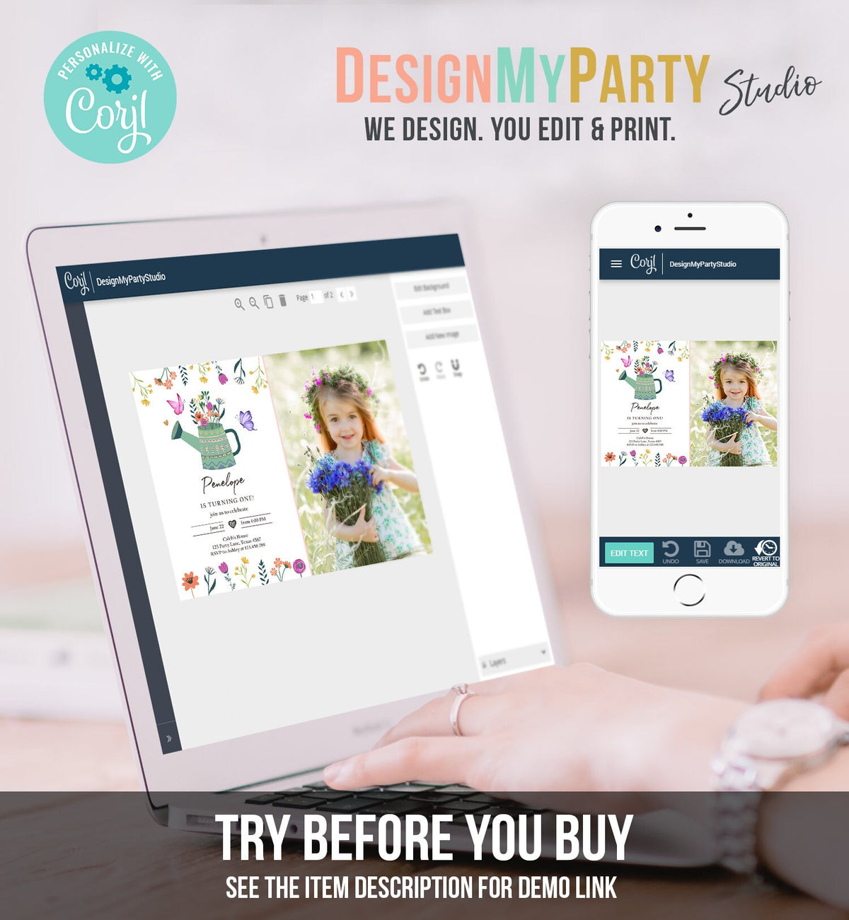 Editable Wildflowers Birthday Invitation Wild Flowers Girl First Birthday Garden Birthday Party Download Evite Template Printable 0396