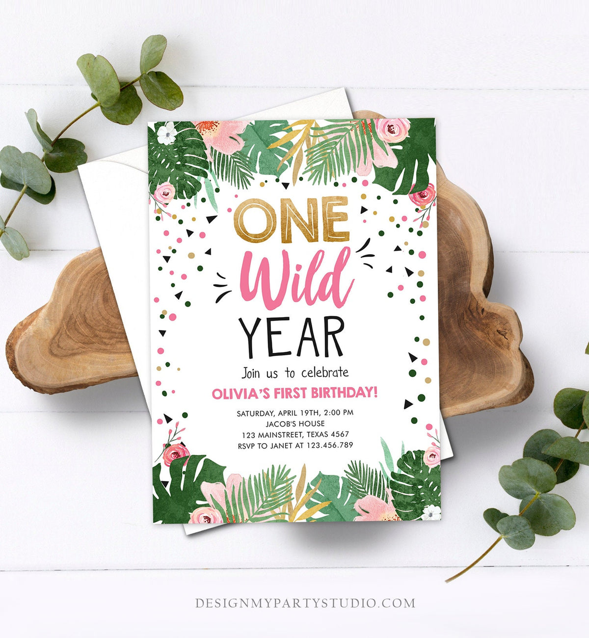 Editable One Wild Year Birthday Invitation Girl Tropical Safari Animals Party Pink Wild One Gold Digital Download Template Printable 0332