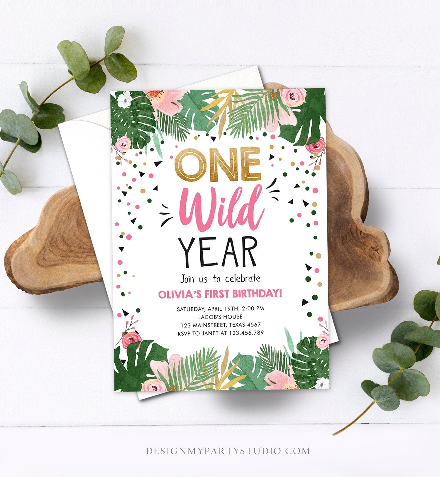 Editable One Wild Year Birthday Invitation Girl Tropical Safari Animals Party Pink Wild One Gold Digital Download Template Printable 0332