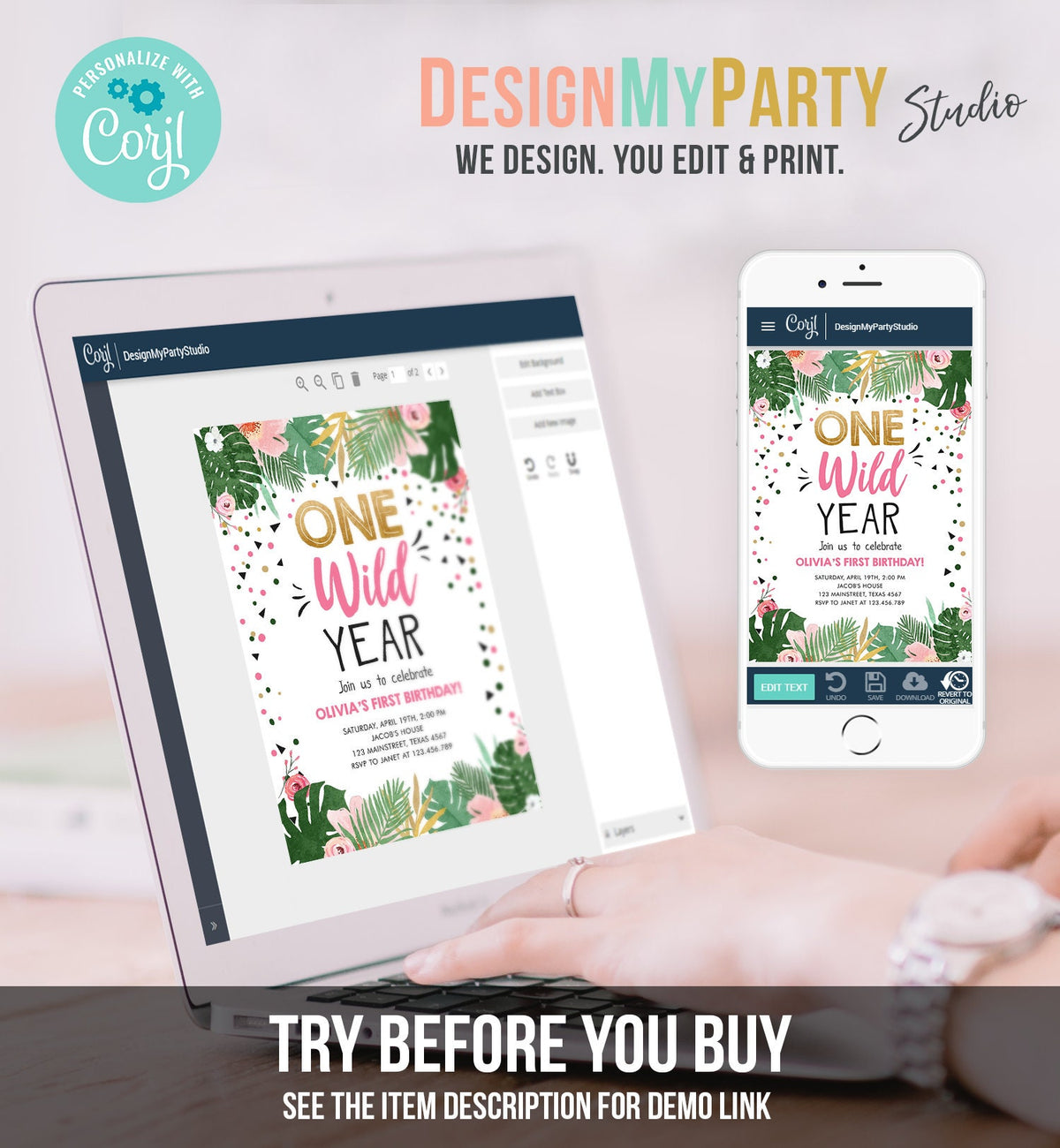 Editable One Wild Year Birthday Invitation Girl Tropical Safari Animals Party Pink Wild One Gold Digital Download Template Printable 0332