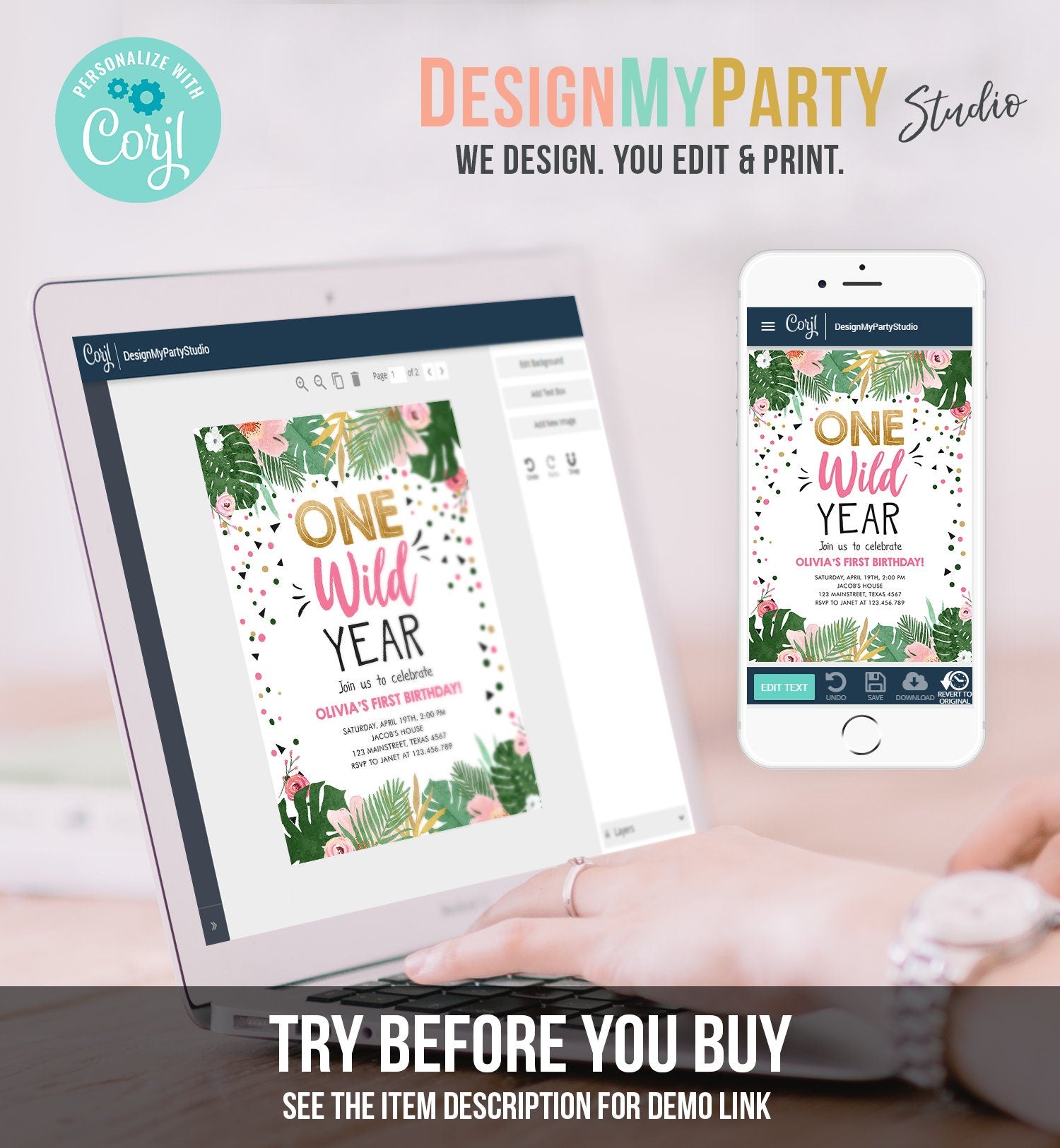 Editable One Wild Year Birthday Invitation Girl Tropical Safari Animals Party Pink Wild One Gold Digital Download Template Printable 0332