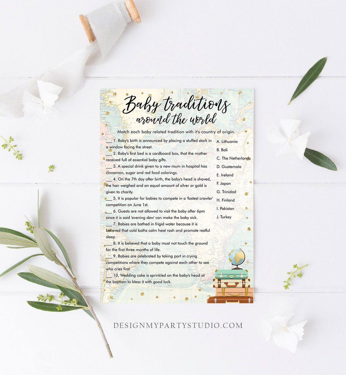 Editable Baby Traditions Around the World Baby Shower Game Card Travel Adventure Journey Activity Printable Download Template Corjl 0263