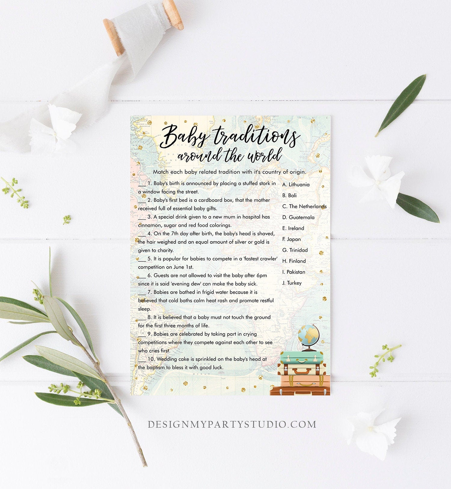 Editable Baby Traditions Around the World Baby Shower Game Card Travel Adventure Journey Activity Printable Download Template Corjl 0263