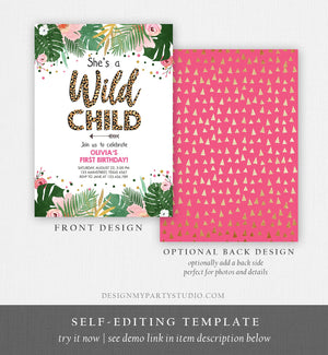 Editable Wild Child Birthday Invitation Girl Tropical Safari Pink Leopard Jungle Wild One Two Wild Download Corjl Template Printable 0332