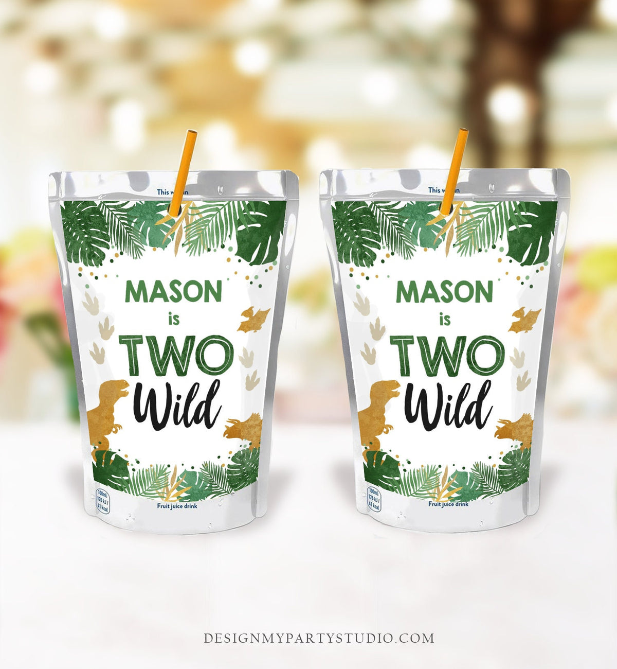 Editable Dinosaur Juice Pouch Label Juice Favors Gold Dino Boy Birthday T-Rex Dinosaur Two Wild Digital Download Template Printable 0146