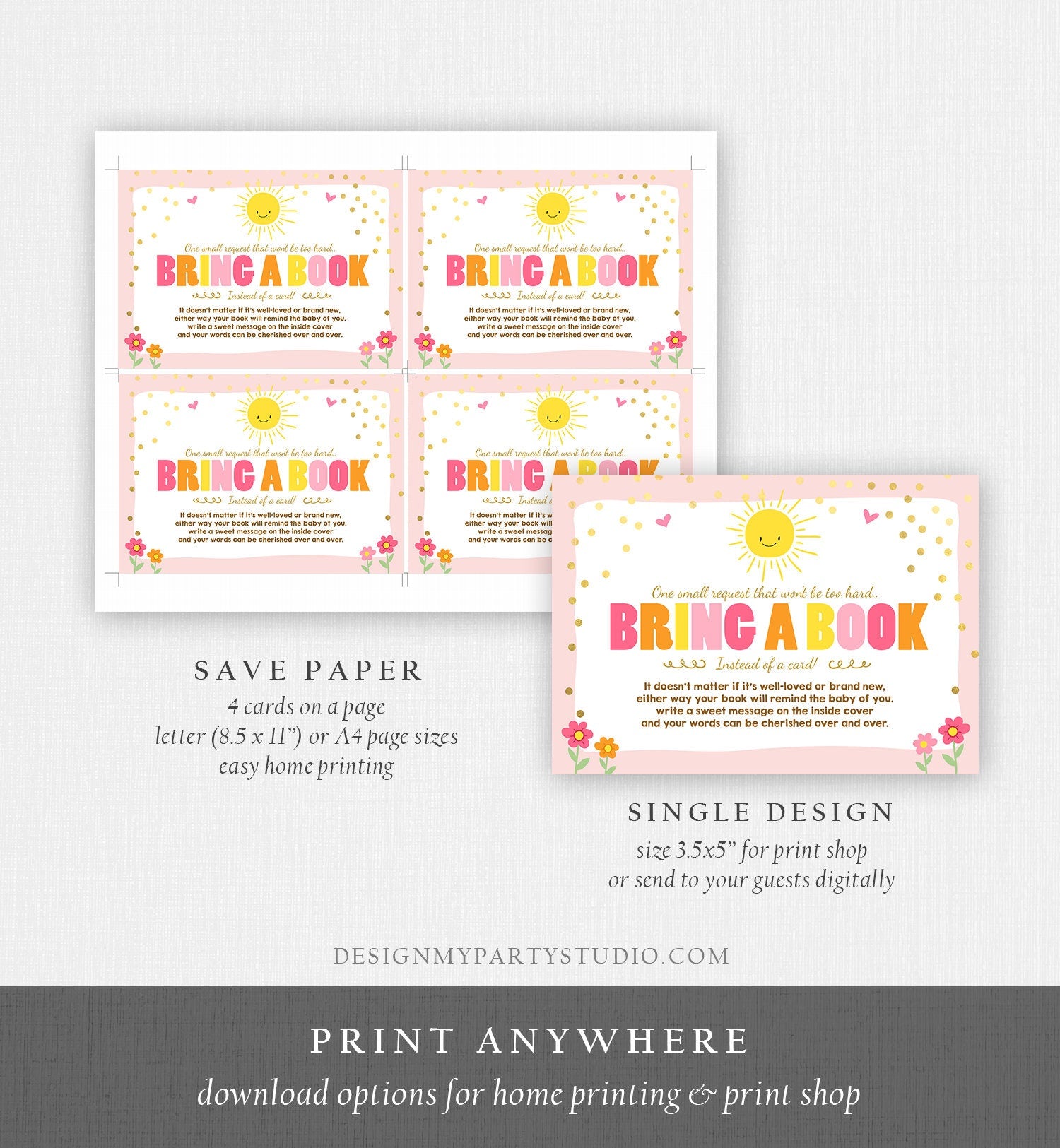 Editable Little Sunshine Bring a Book Card Baby Shower A Ray Of Sunshine Sunshine Book Request Download Corjl Template Printable 0070