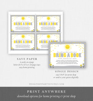 Editable Little Sunshine Bring a Book Card Baby Shower A Ray Of Sunshine Book Request Gender Neutral Grey Corjl Template Printable 0070