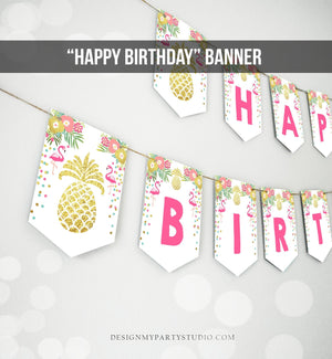 Aloha Happy Birthday Banner Tropical Flamingo Pineapple Gold Pink Confetti Luau Party Hawaiian Leaves Instant Download Printable 0200