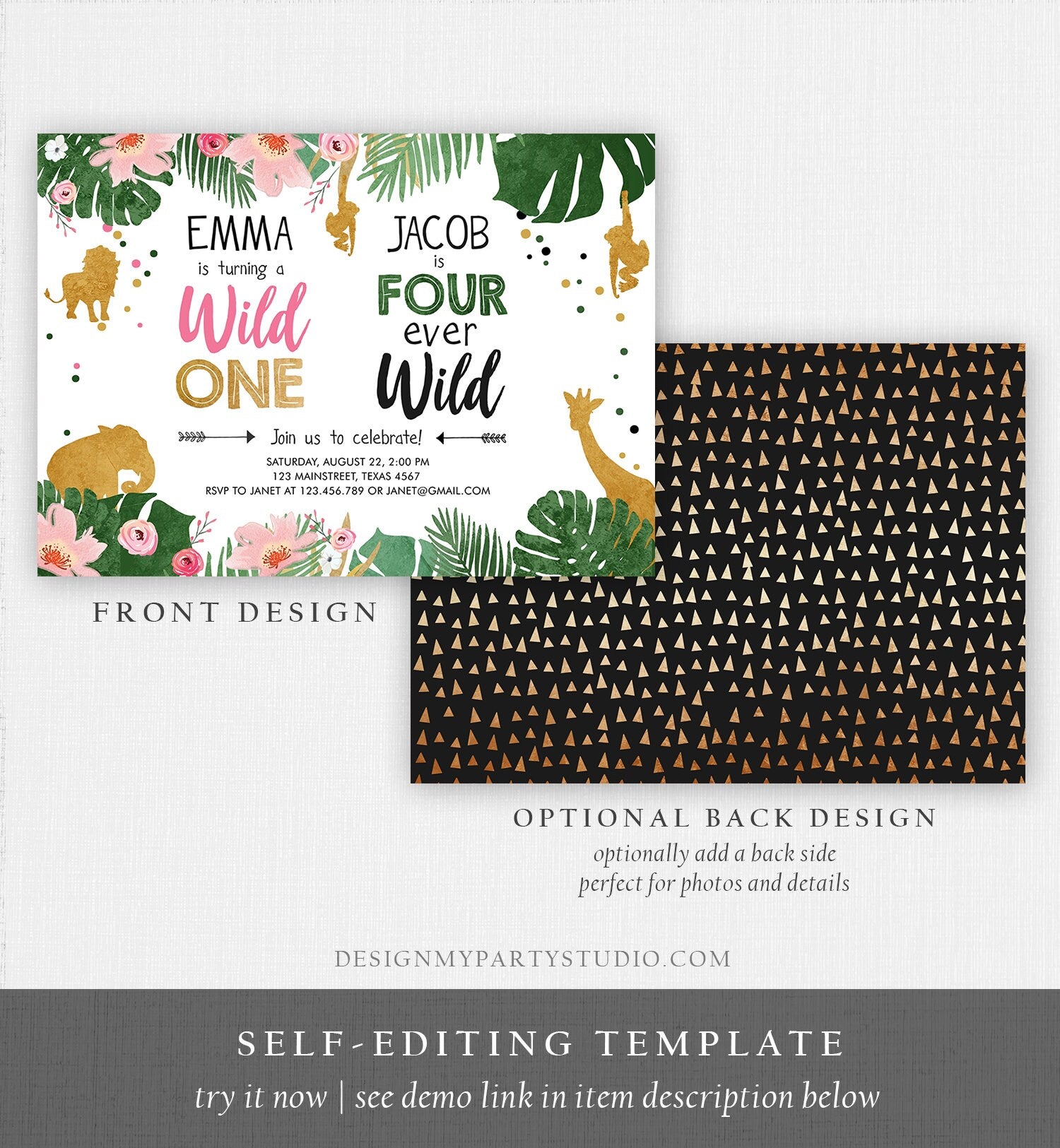 Editable Wild One Birthday Invitation Four Ever Wild Boy Girl Safari Animals Jungle Gold Joint Dual Combined Corjl Template Printable 0016