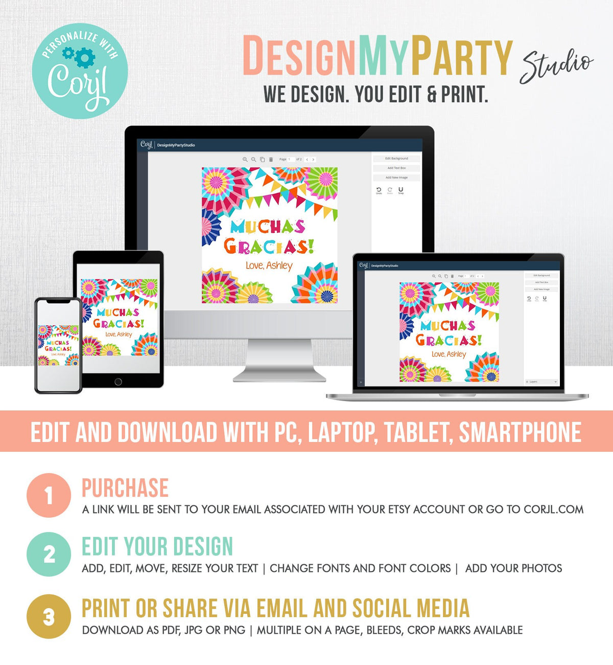 Editable Muchas Gracias Fiesta Favor Tag Thank You Tags Cactus Succulent Mexican Birthday Baby Bridal Shower Taco Bout Corjl Template 0045