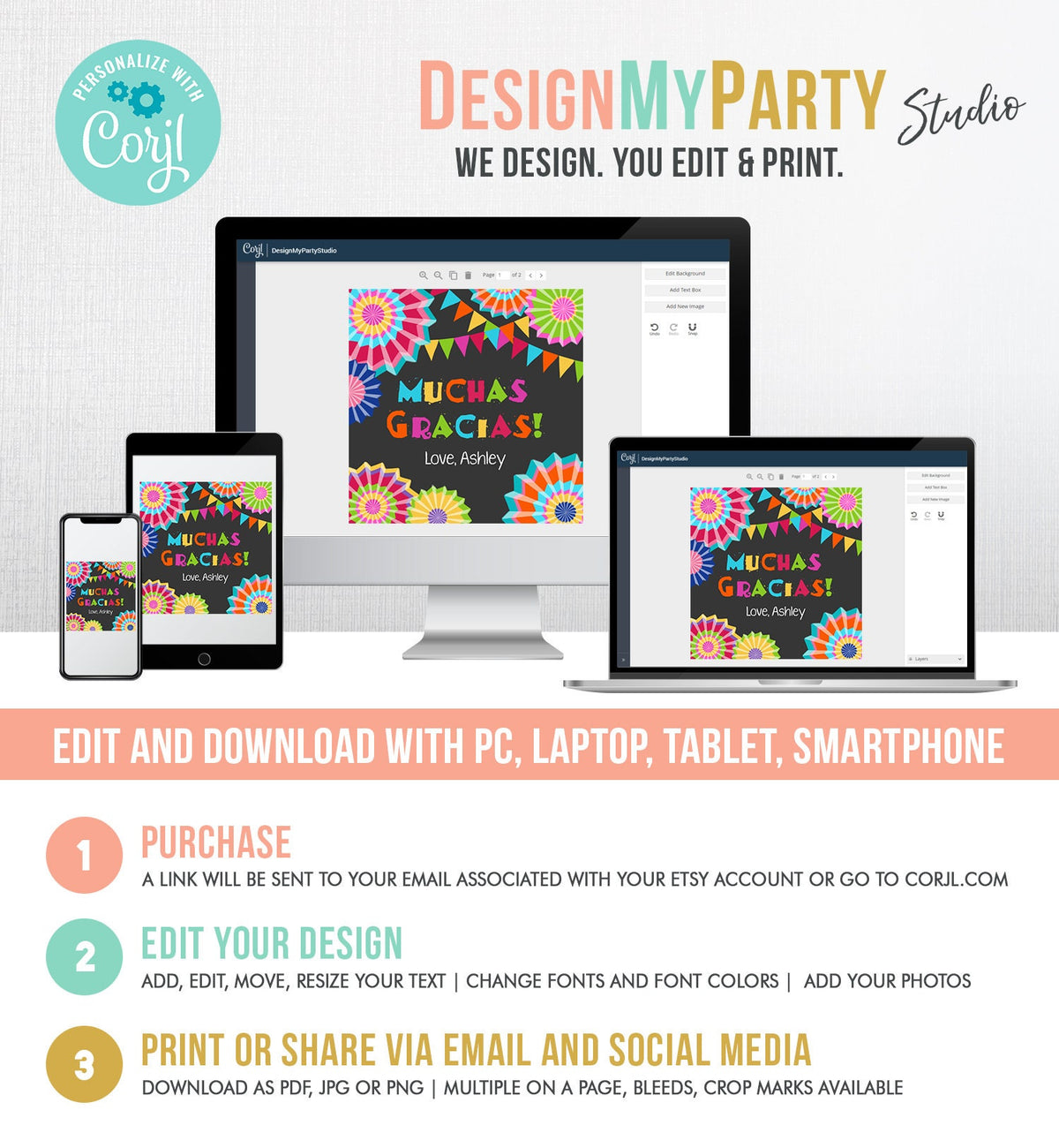 Editable Muchas Gracias Fiesta Favor Tag Thank You Tags Cactus Succulent Mexican Birthday Baby Bridal Shower Taco Bout Corjl Template 0045