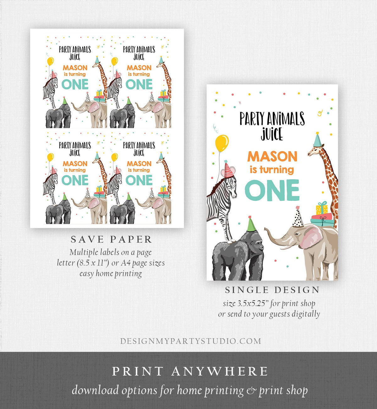 Editable Party Animals Juice Pouch Label Juice Favors Party Animals Birthday Boy Zoo Wild One Digital Download Template Printable 0142