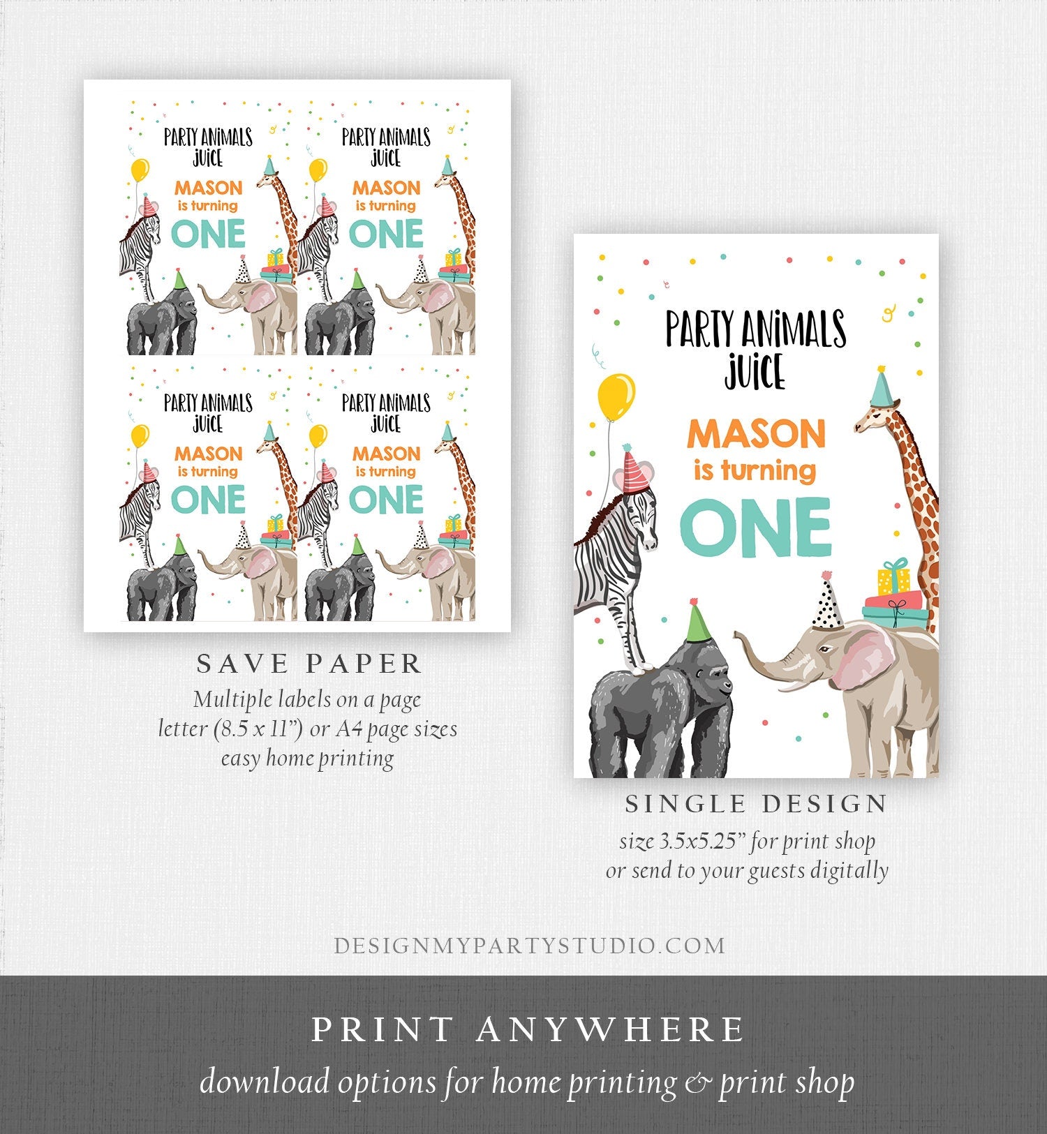 Editable Party Animals Juice Pouch Label Juice Favors Party Animals Birthday Boy Zoo Wild One Digital Download Template Printable 0142