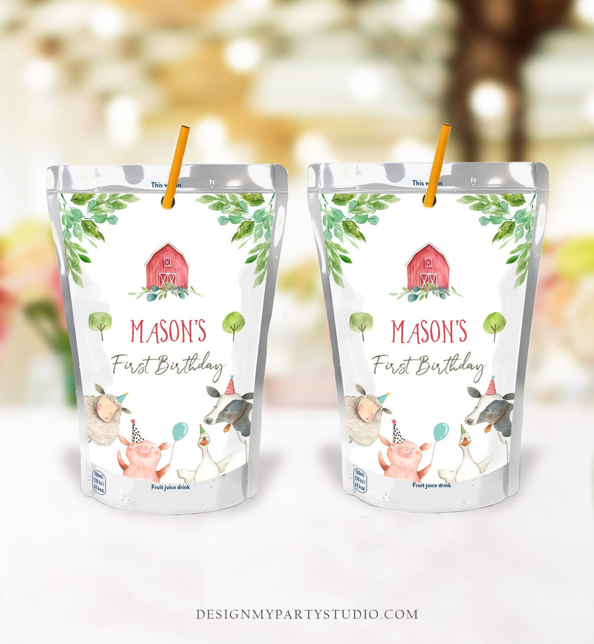 Editable Farm Animals Juice Pouch Label Juice Favors Party Animals Birthday Barnyard Boy Barn Digital Download Template Printable 0155