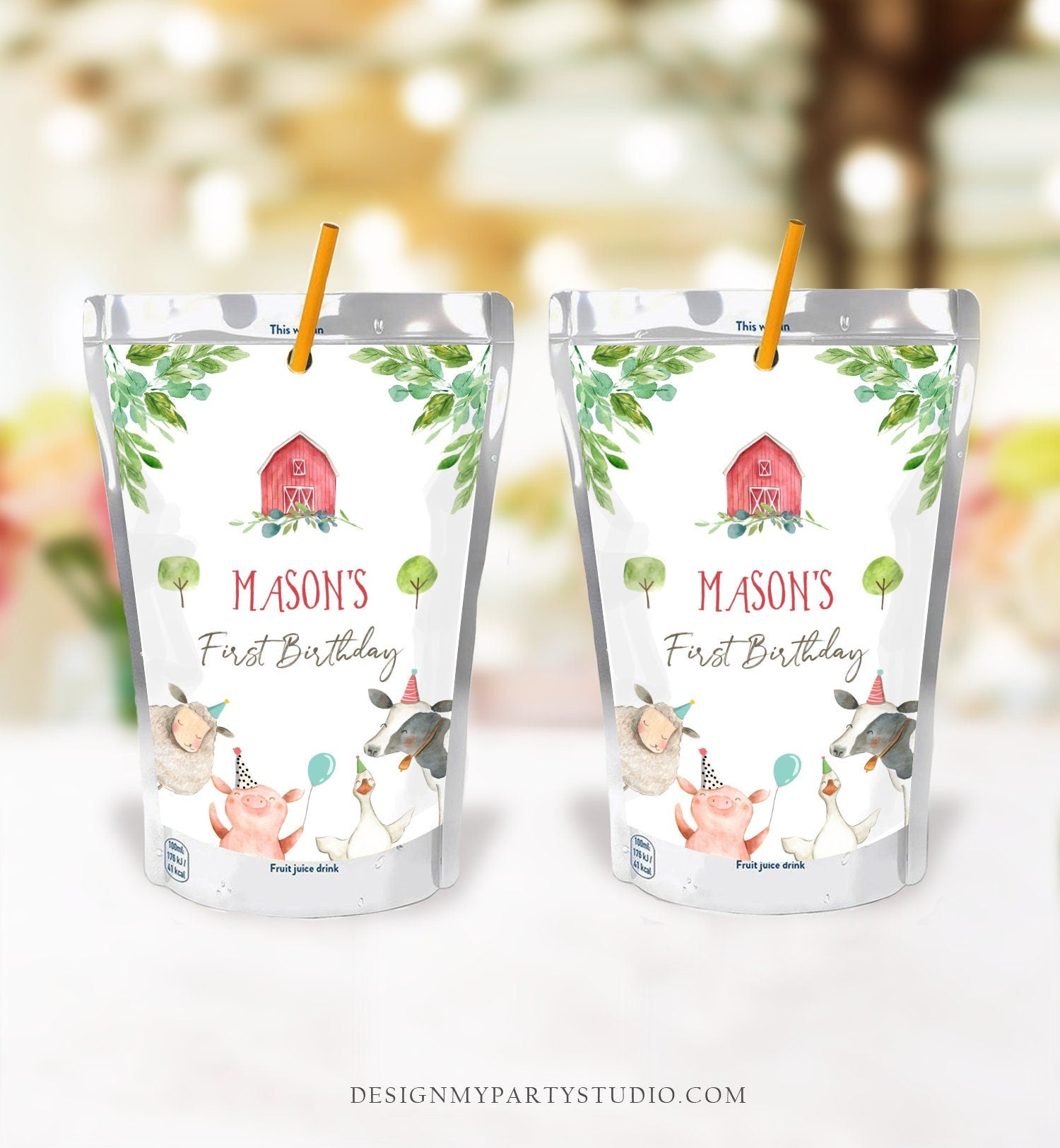 Editable Farm Animals Juice Pouch Label Juice Favors Party Animals Birthday Barnyard Boy Barn Digital Download Template Printable 0155