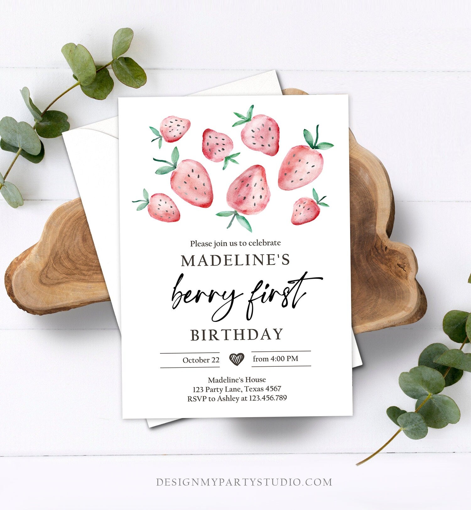 Editable Strawberry Birthday Invitation First Birthday Berry Sweet Girl Cute Strawberries 1st Download Printable Template Corjl Digital 0399