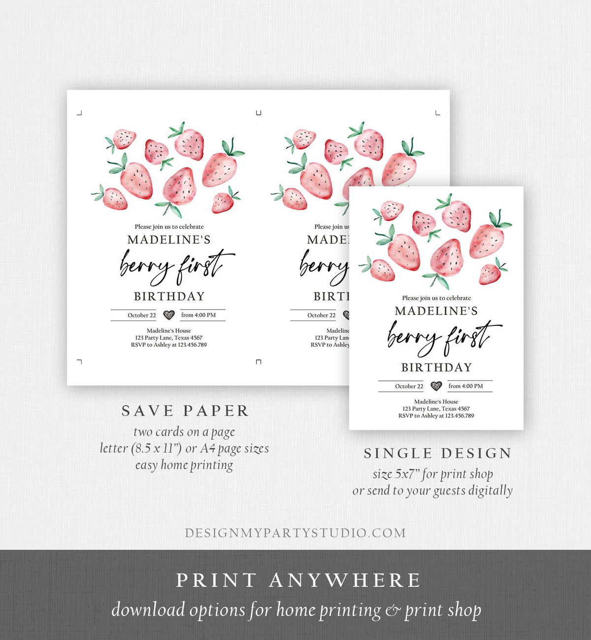 Editable Strawberry Birthday Invitation First Birthday Berry Sweet Girl Cute Strawberries 1st Download Printable Template Corjl Digital 0399
