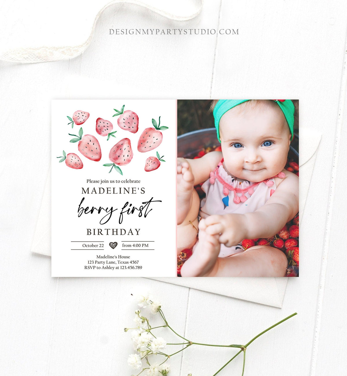 Editable Strawberry Birthday Invitation First Birthday Berry Sweet Girl Cute Strawberries 1st Digital Download Evite Template Printable 0399