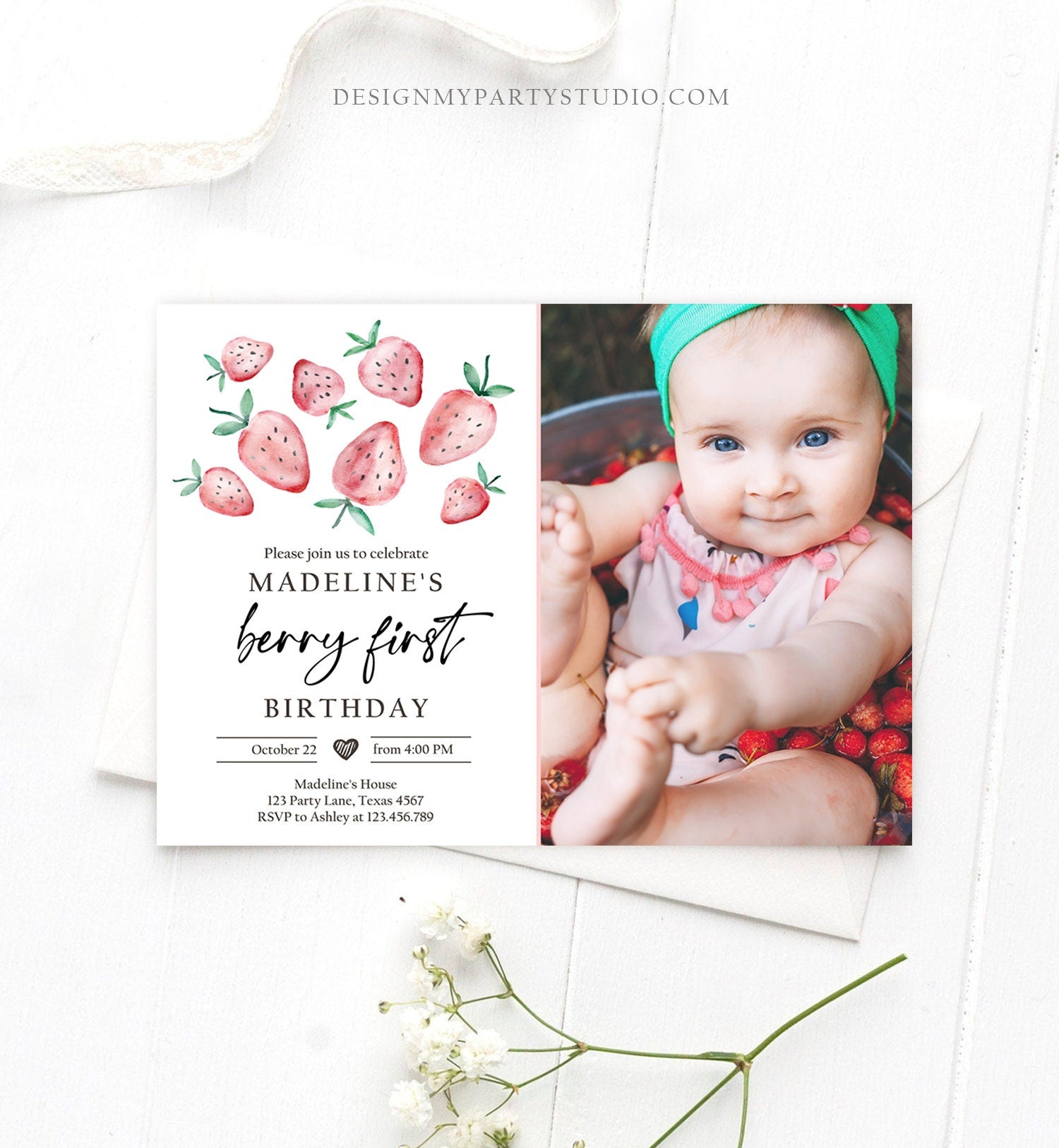 Editable Strawberry Birthday Invitation First Birthday Berry Sweet Girl Cute Strawberries 1st Digital Download Evite Template Printable 0399