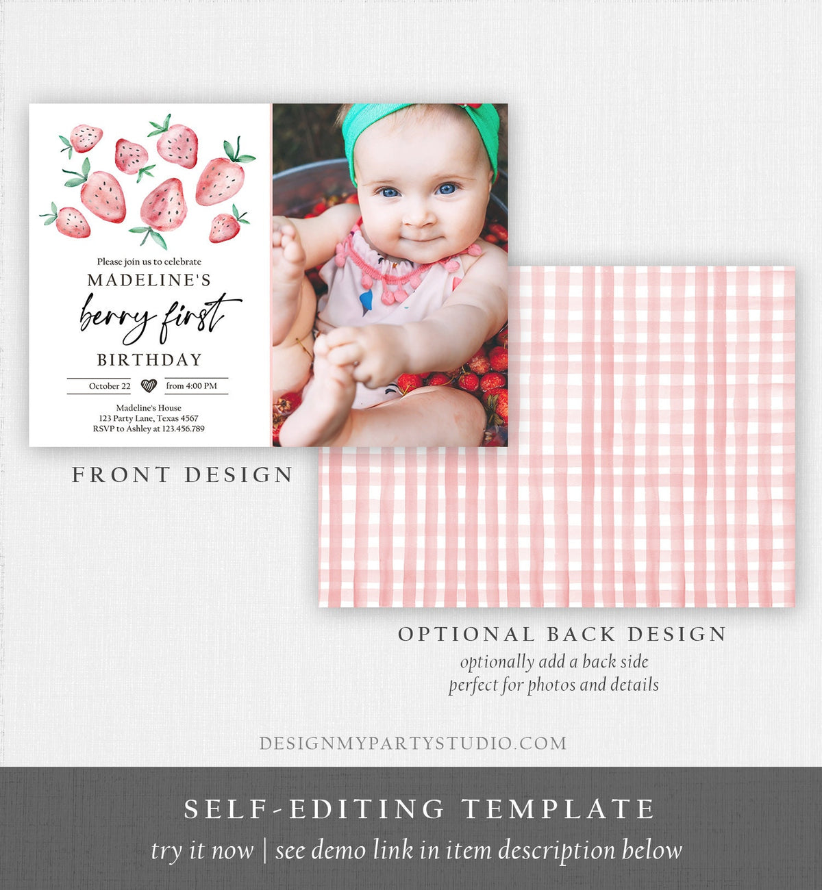 Editable Strawberry Birthday Invitation First Birthday Berry Sweet Girl Cute Strawberries 1st Digital Download Evite Template Printable 0399