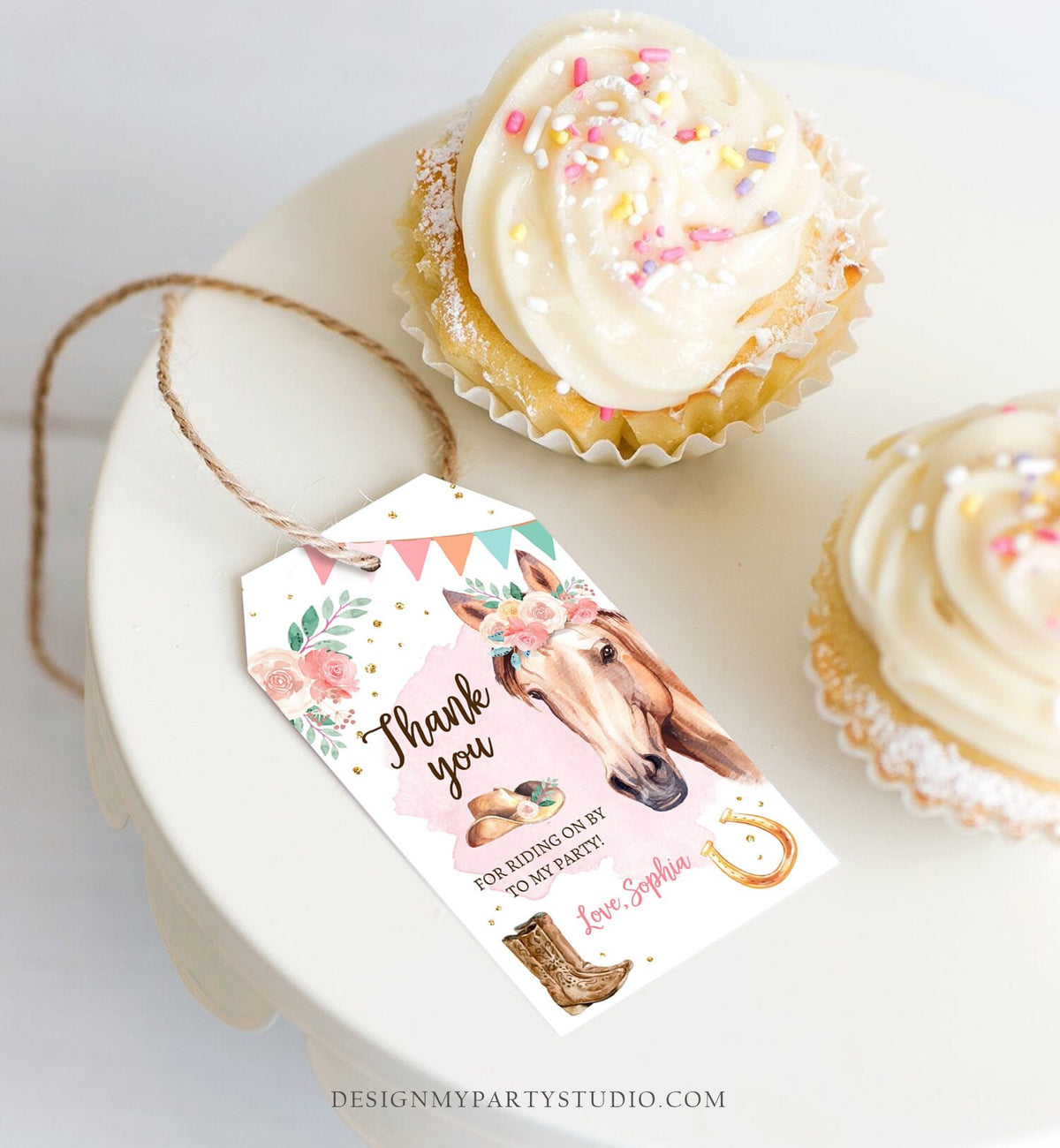 Editable Cowgirl Favor Tag Girl Horse Pony Birthday Party Thank You Gift Tag Watercolor Saddle Up Digital Download Template Printable 0398