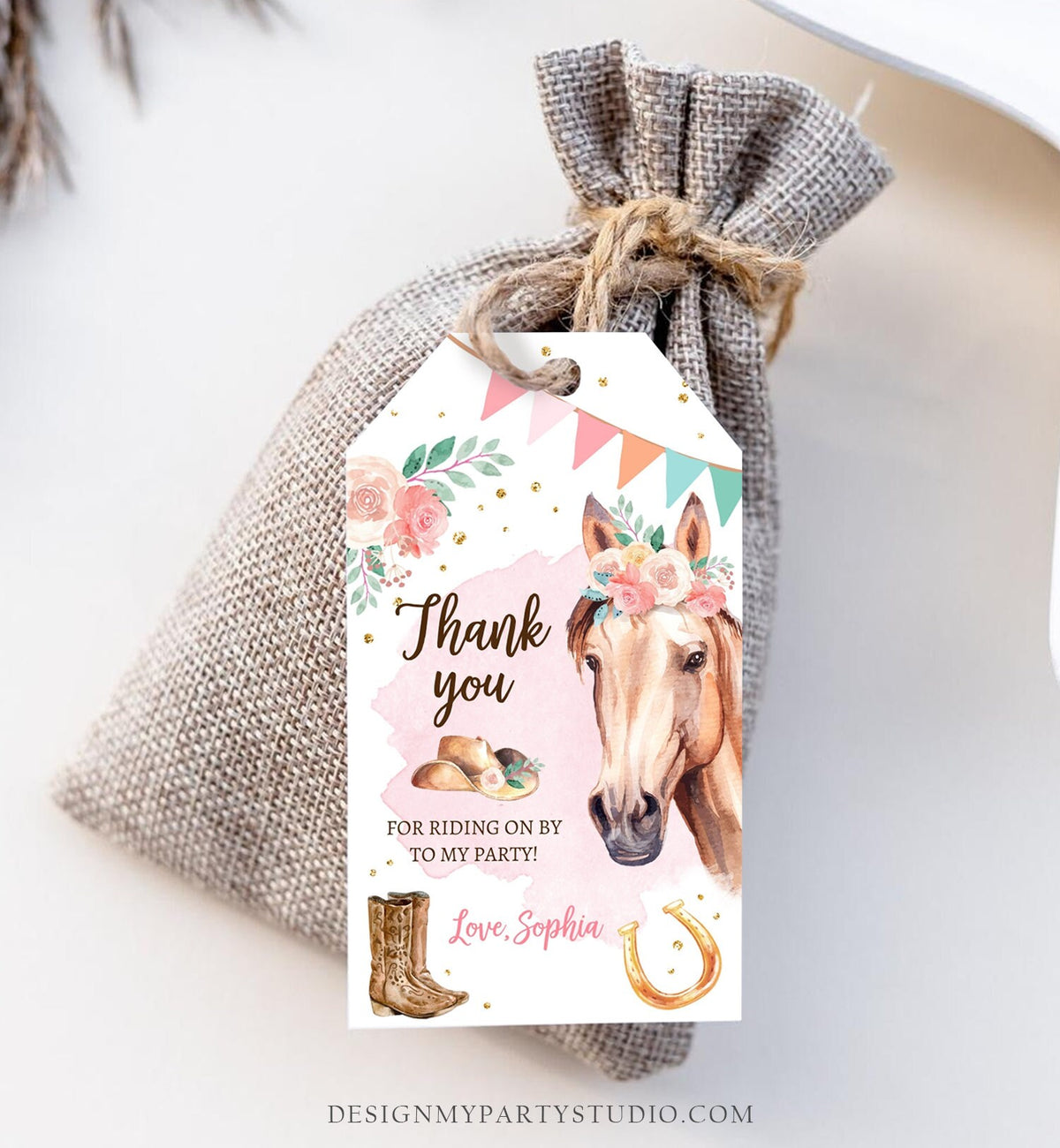 Editable Cowgirl Favor Tag Girl Horse Pony Birthday Party Thank You Gift Tag Watercolor Saddle Up Digital Download Template Printable 0398