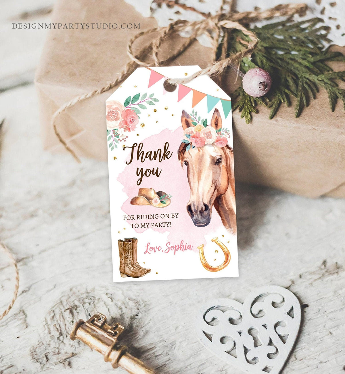 Editable Cowgirl Favor Tag Girl Horse Pony Birthday Party Thank You Gift Tag Watercolor Saddle Up Digital Download Template Printable 0398