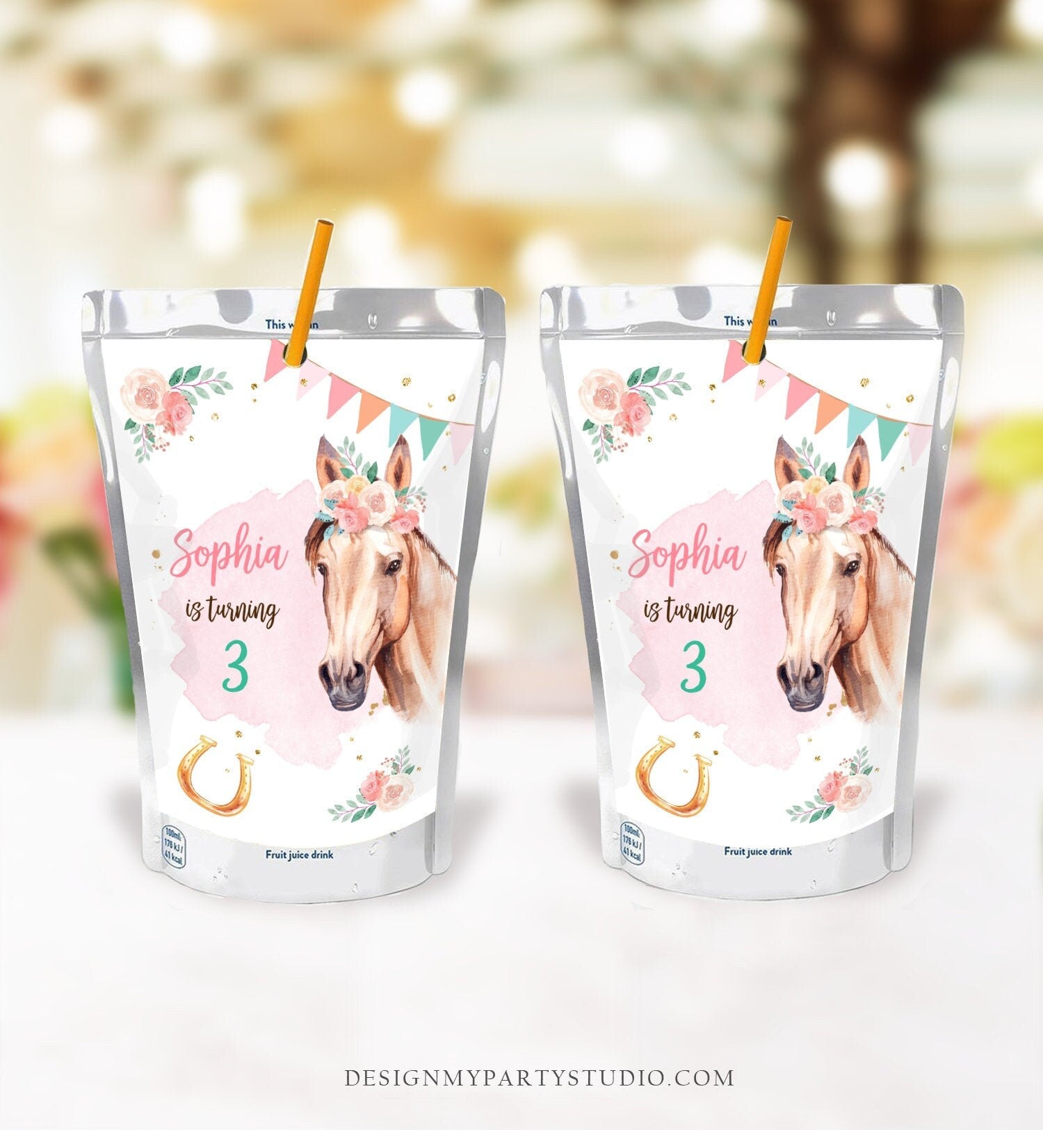 Editable Horse Birthday Juice Pouch Label Juice Favors Cowgirl Party Girl Birthday Decor Floral Digital Download Template Printable 0398