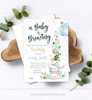 Editable Tea Party Baby Shower Invitation Tea Shower Sprinkle Floral Blue Boy Gold Brunch Bubbly Download Corjl Template Printable 0349
