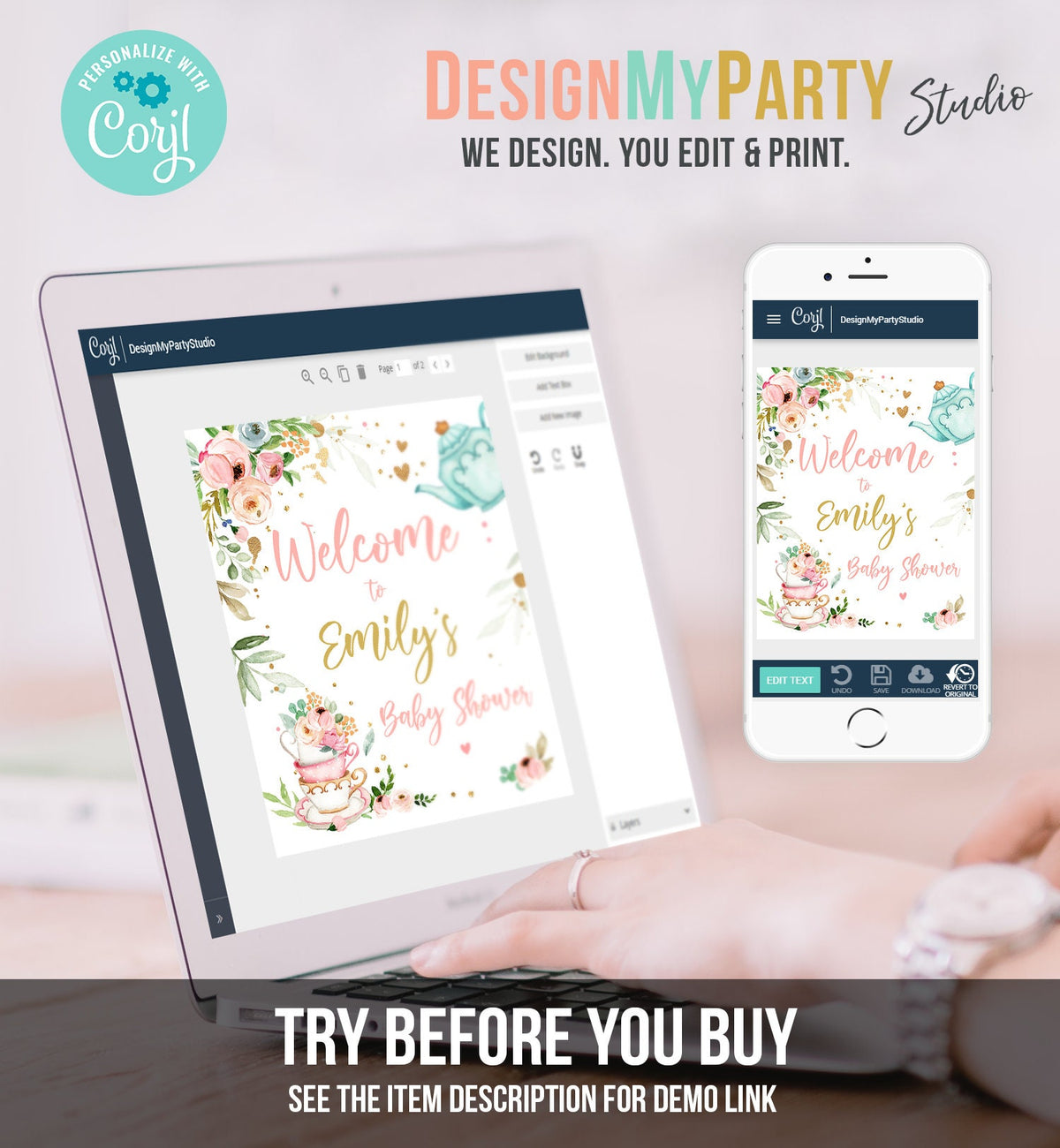 Editable Tea Baby Shower Welcome Sign Baby is Brewing Floral Pink Gold Whimsical Girl Shower Garden Party Template PRINTABLE Corjl 0349