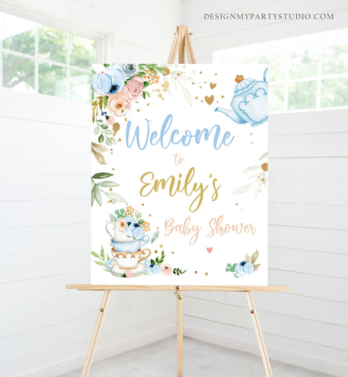 Editable Tea Baby Shower Welcome Sign Baby is Brewing Floral Blue Gold Whimsical Boy Shower Garden Party Template PRINTABLE Corjl 0349