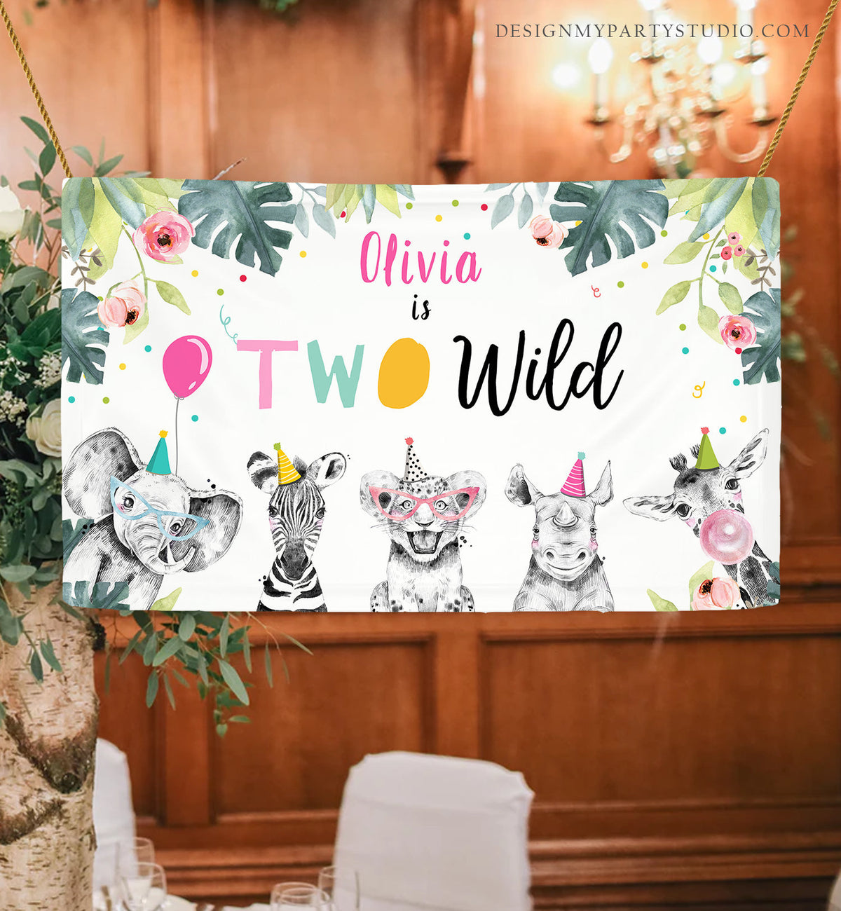 Editable Party Animals Birthday Backdrop Banner Safari Animals Girl Two Wild Welcome Sign Pink 2nd Download Corjl Template Printable 0322