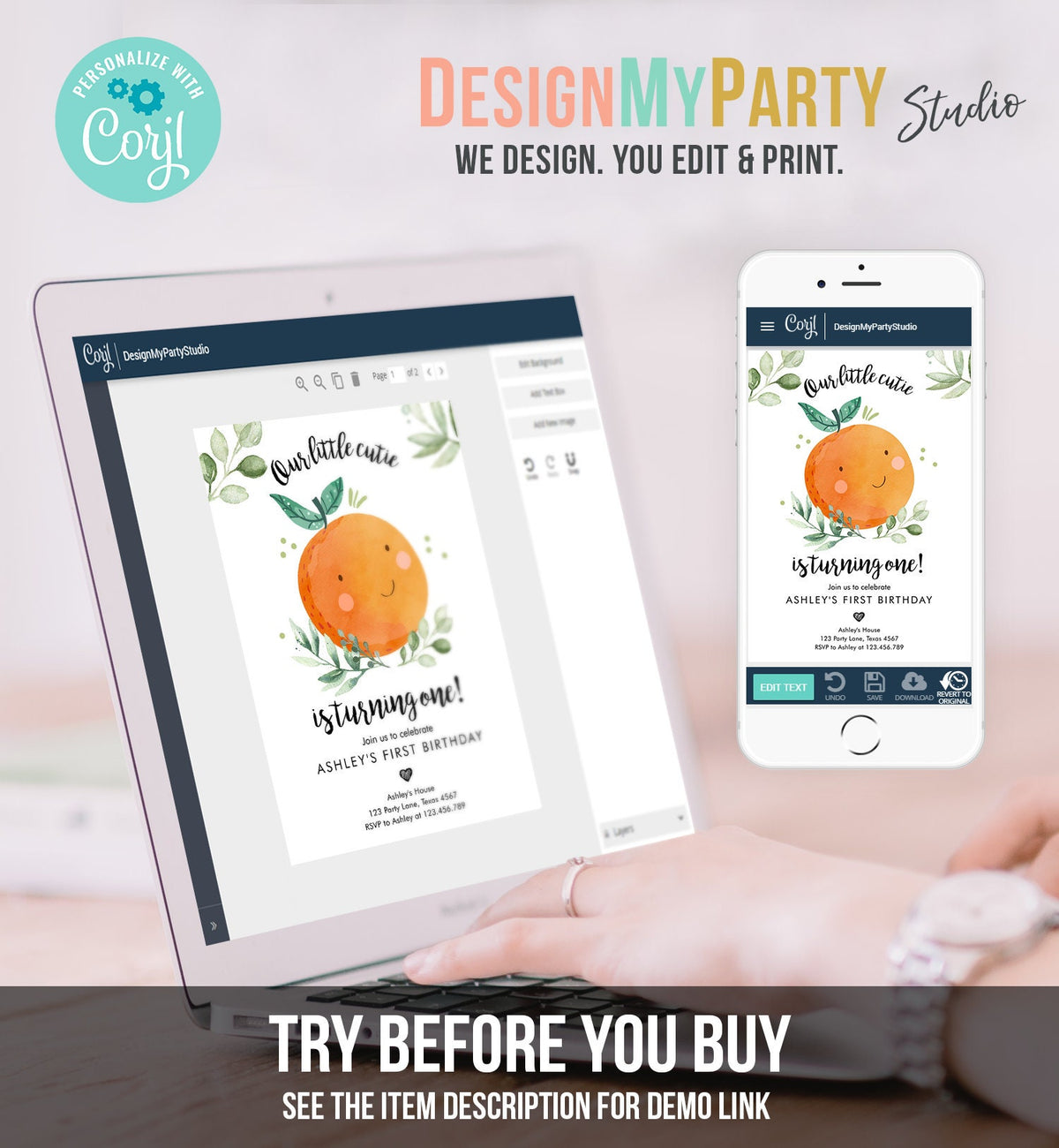 Editable Little Cutie Birthday Invitation Clementine Oranges Party Boy Girl Orange Invitation Citrus Download Printable Corjl Template 0330