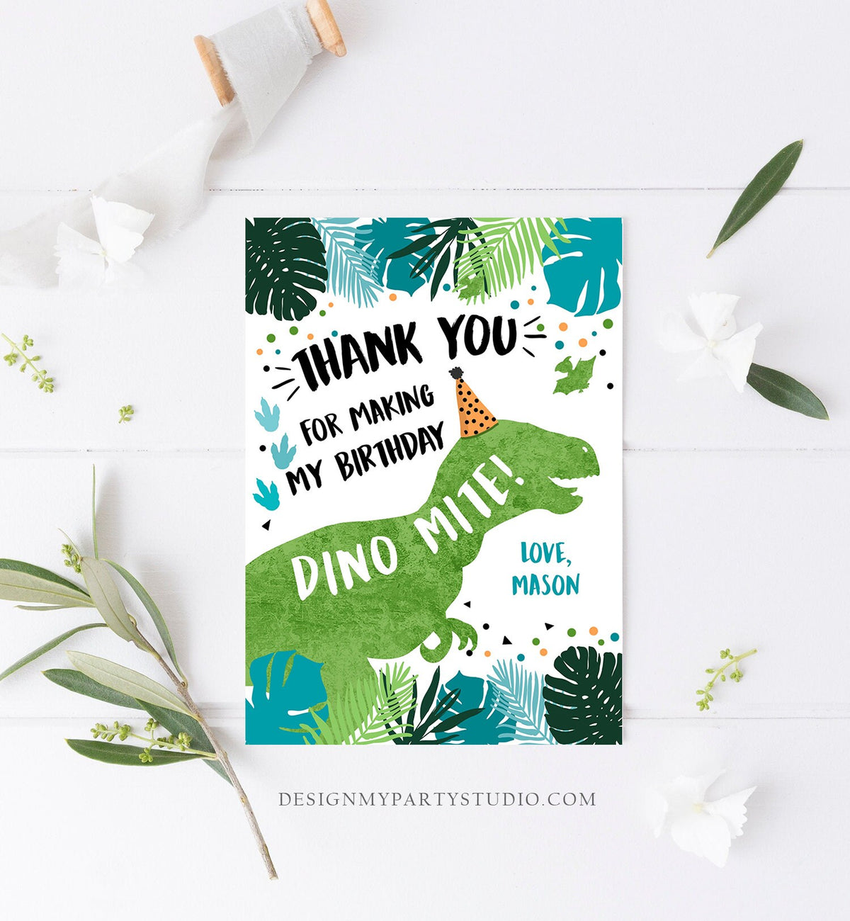 Editable Dinosaur Birthday Thank You Card Boy Green Gold Dino Party T-Rex Three-rex Prehistoric Printable Digital Download Template 0389