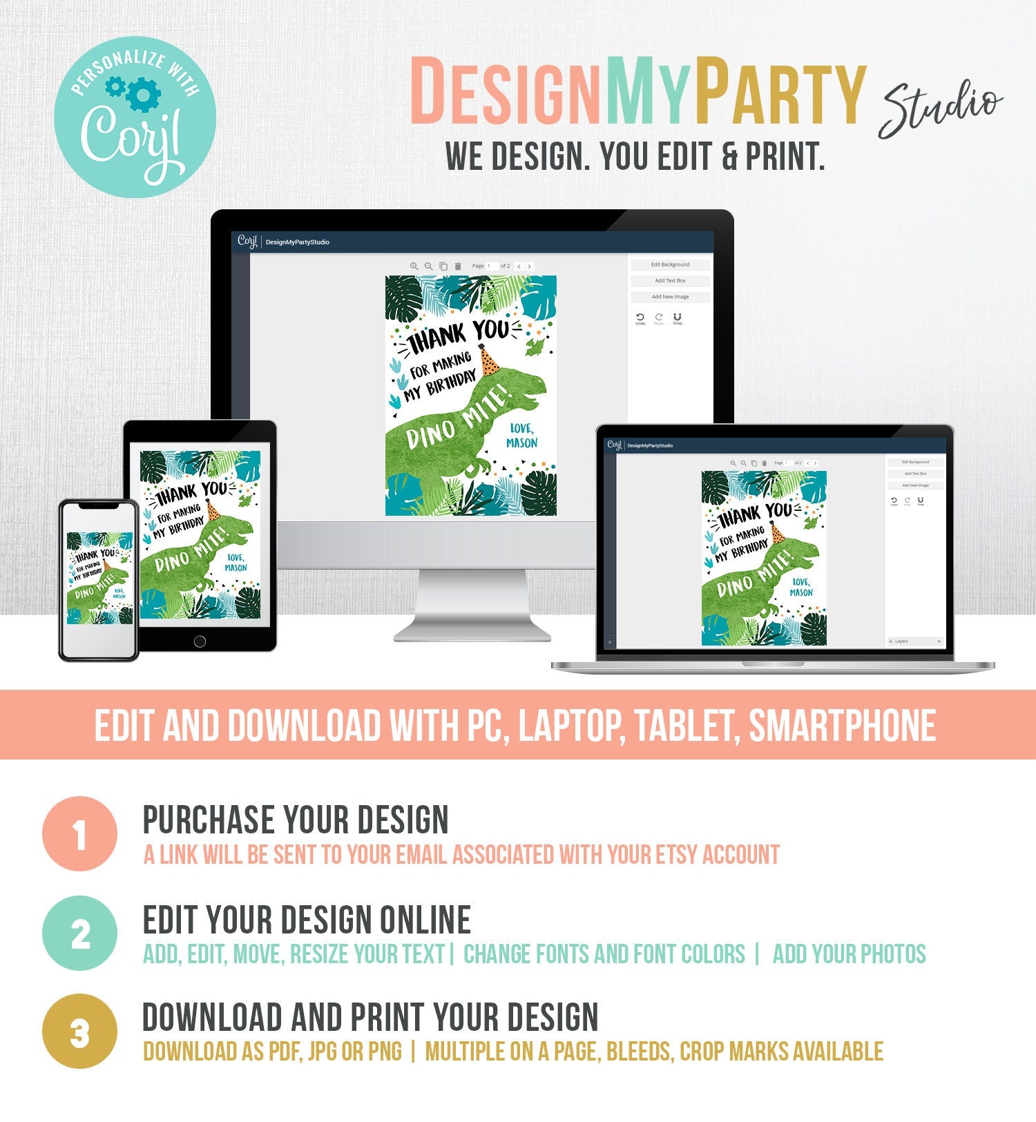 Editable Dinosaur Birthday Thank You Card Boy Green Gold Dino Party T-Rex Three-rex Prehistoric Printable Digital Download Template 0389