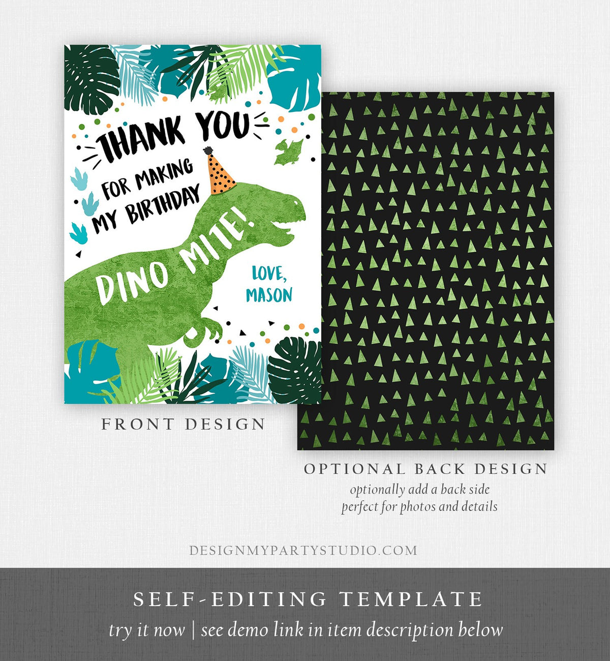 Editable Dinosaur Birthday Thank You Card Boy Green Gold Dino Party T-Rex Three-rex Prehistoric Printable Digital Download Template 0389