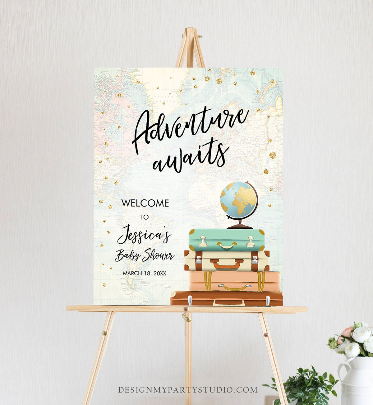 Editable Adventure Awaits Welcome Sign Baby Shower Traveling Around the World Travel Adventure Bridal Shower Floral Blue Corjl Template 0263