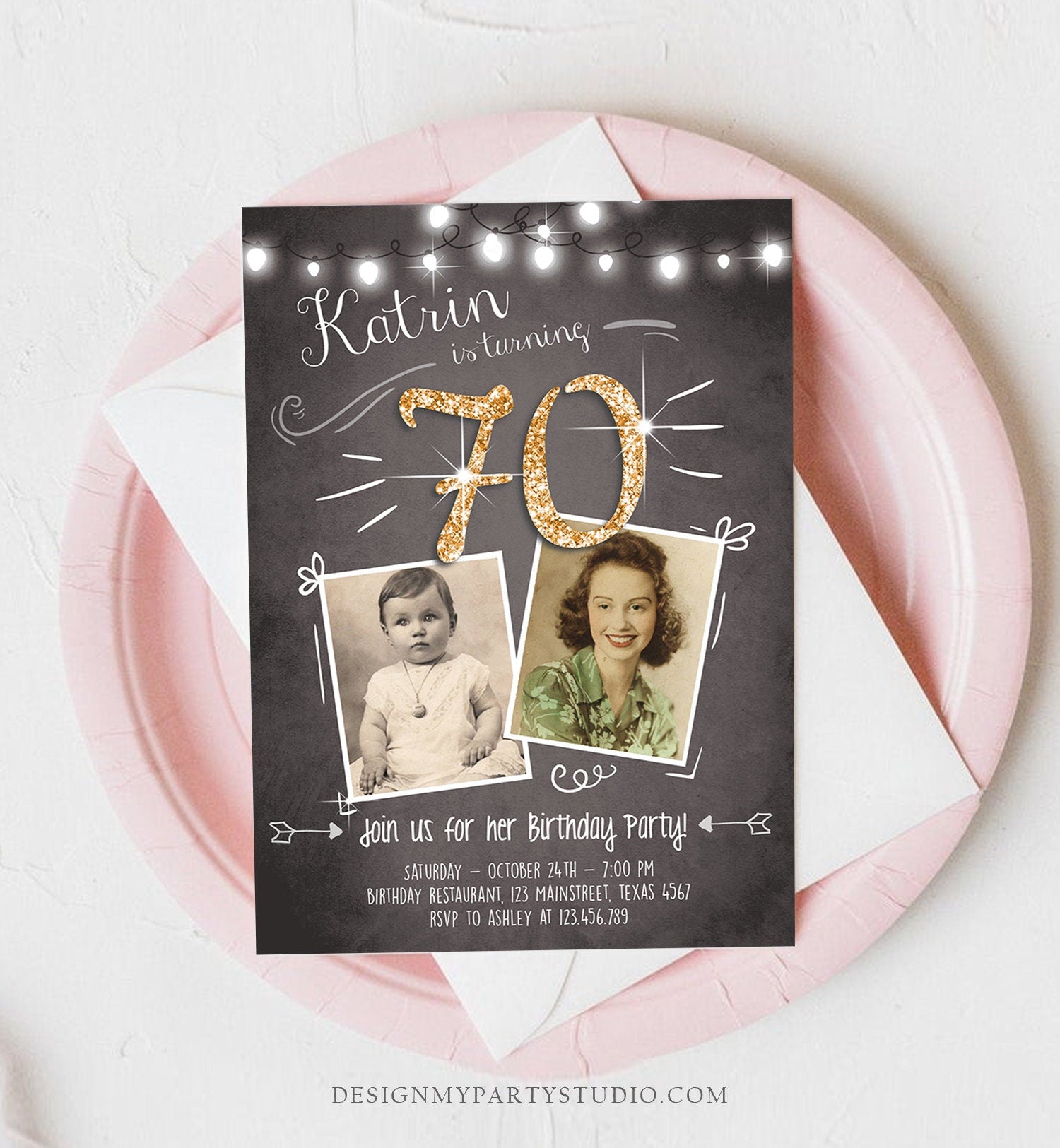 Editable 70th Birthday Invitation ANY AGE Chalkboard Rustic Adult Seventy Photo Vintage Gold Glitter Jubilee Anniversary Corjl Template 0230