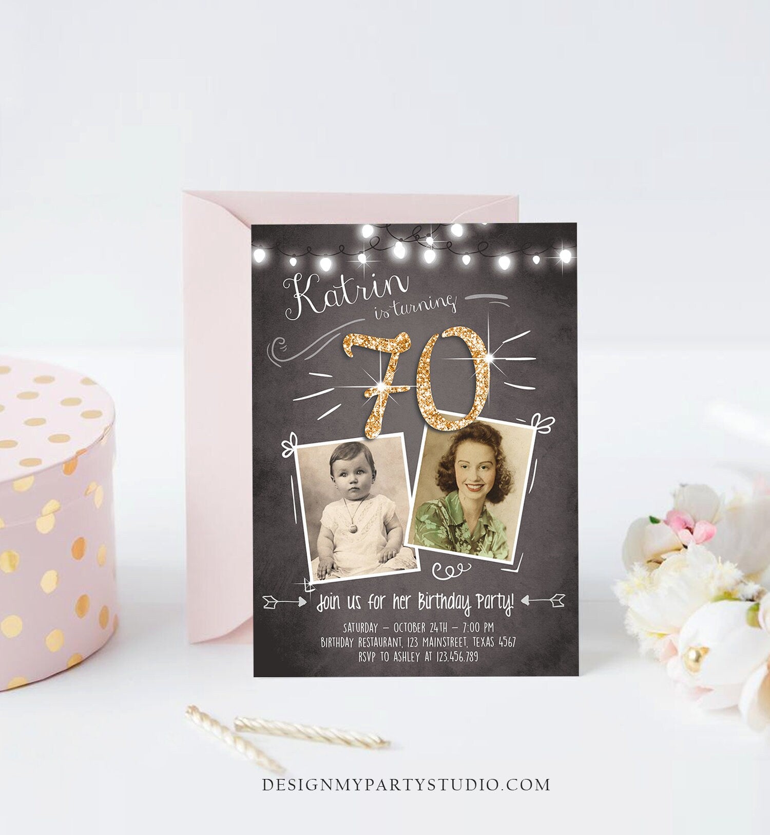 Editable 70th Birthday Invitation ANY AGE Chalkboard Rustic Adult Seventy Photo Vintage Gold Glitter Jubilee Anniversary Corjl Template 0230