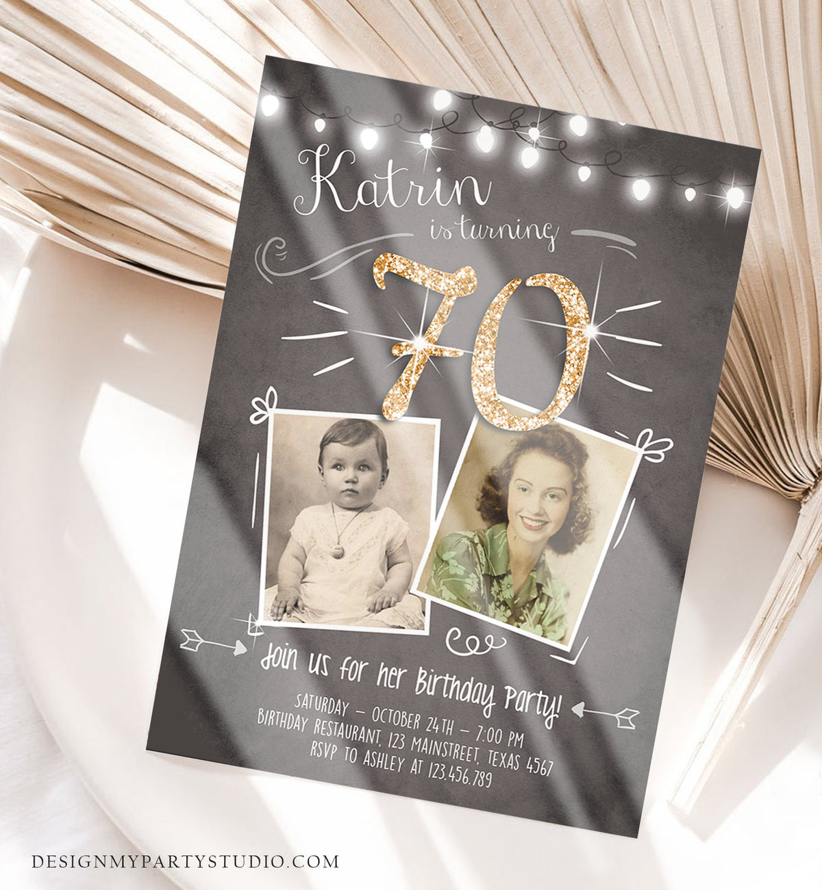 Editable 70th Birthday Invitation ANY AGE Chalkboard Rustic Adult Seventy Photo Vintage Gold Glitter Jubilee Anniversary Corjl Template 0230