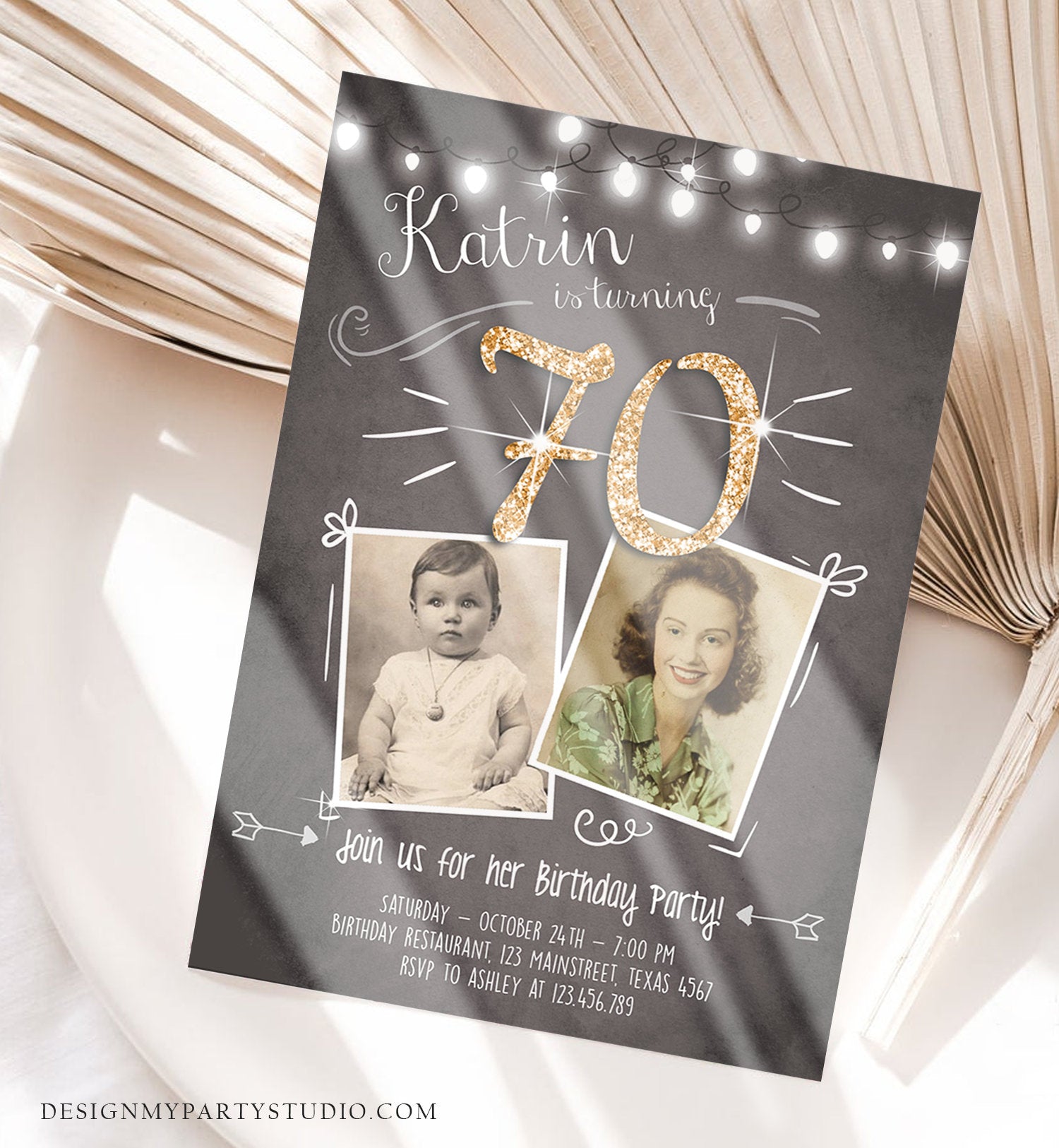 Editable 70th Birthday Invitation ANY AGE Chalkboard Rustic Adult Seventy Photo Vintage Gold Glitter Jubilee Anniversary Corjl Template 0230