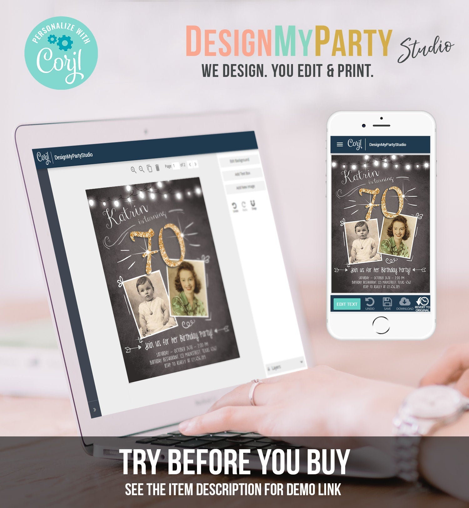 Editable 70th Birthday Invitation ANY AGE Chalkboard Rustic Adult Seventy Photo Vintage Gold Glitter Jubilee Anniversary Corjl Template 0230