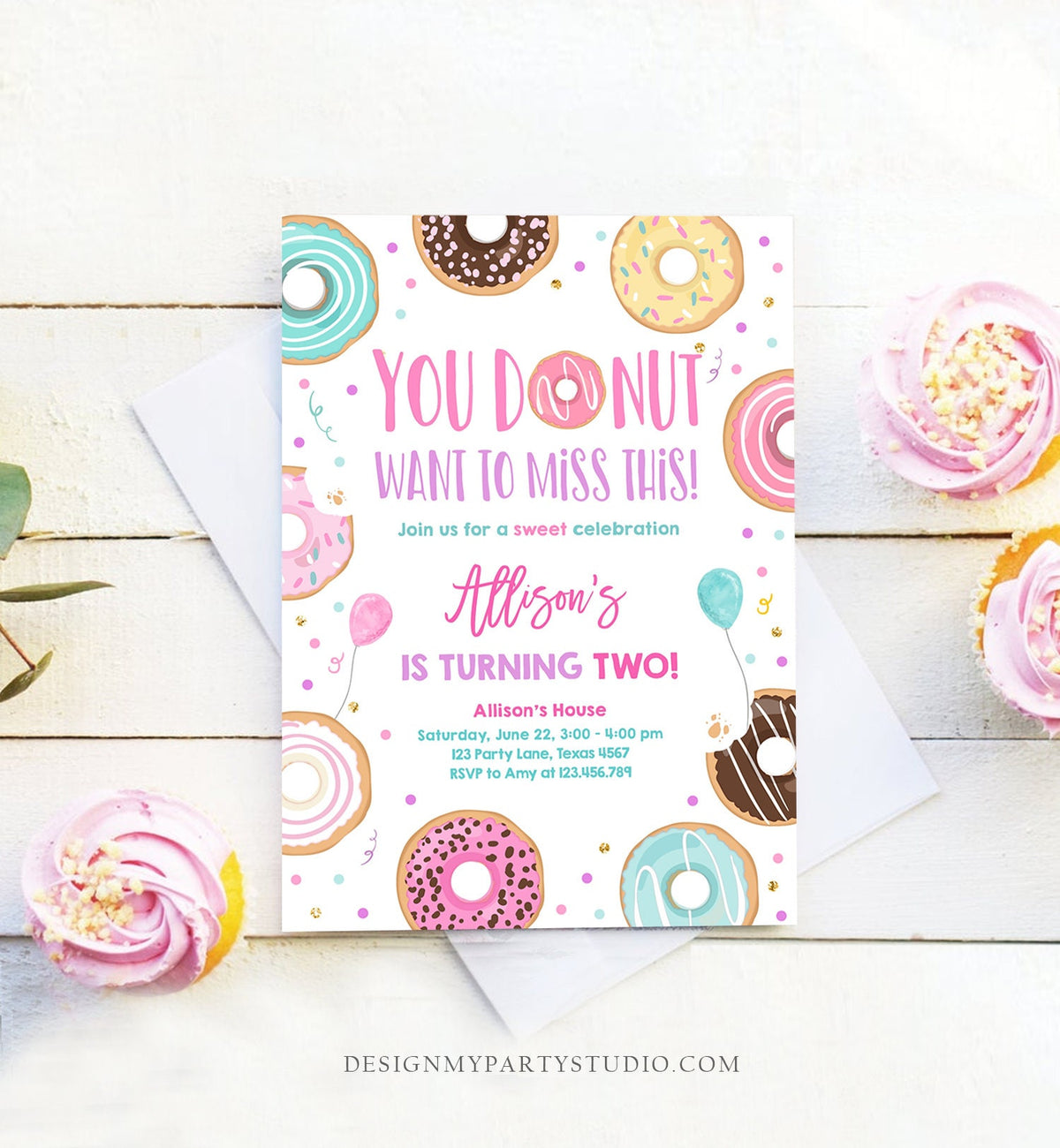 Editable Donut Want To Miss This Birthday Invitation Sweet Party Pink Gold Girl Doughnut Sweet One Digital Download Template Printable 0343