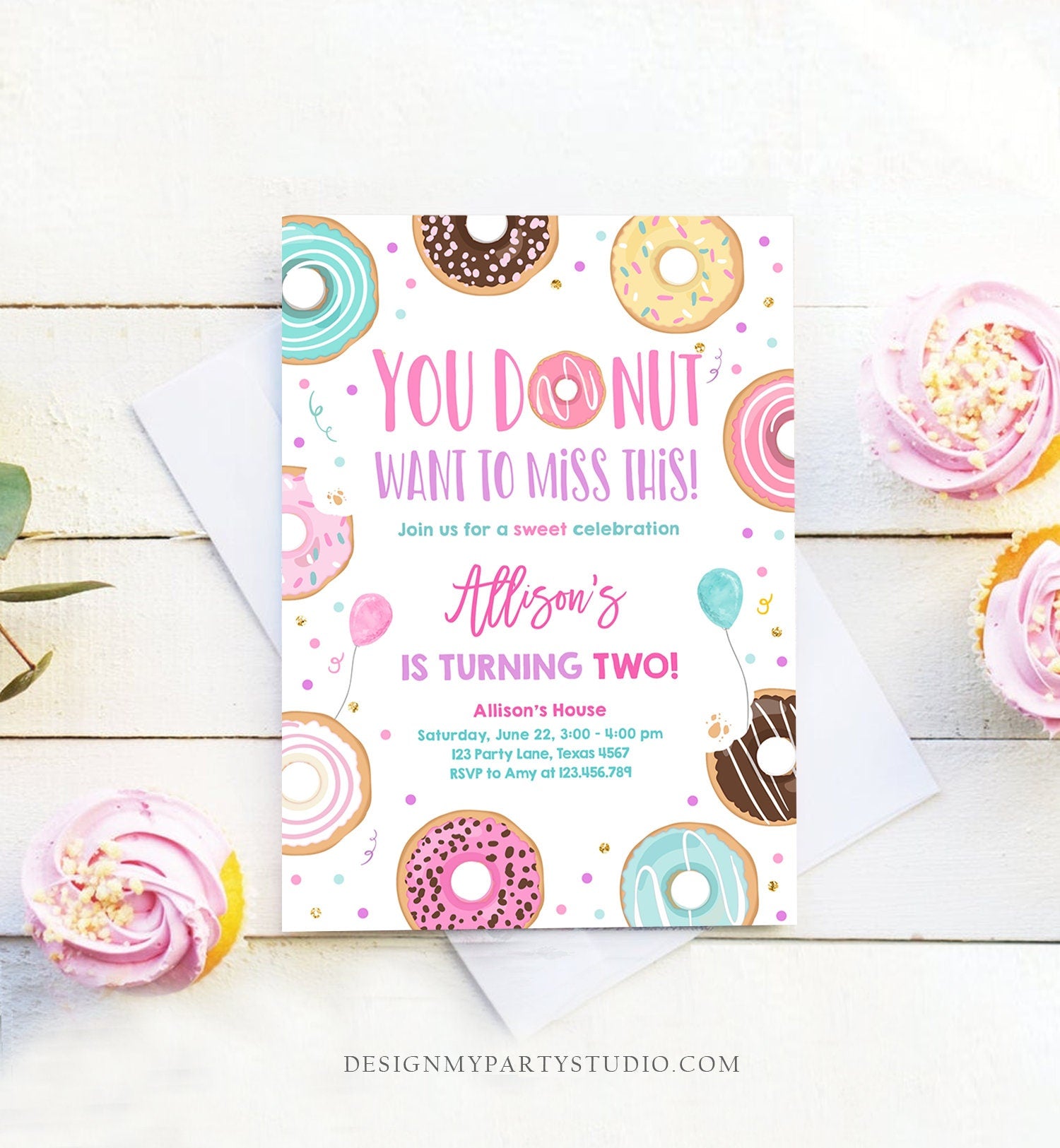 Editable Donut Want To Miss This Birthday Invitation Sweet Party Pink Gold Girl Doughnut Sweet One Digital Download Template Printable 0343