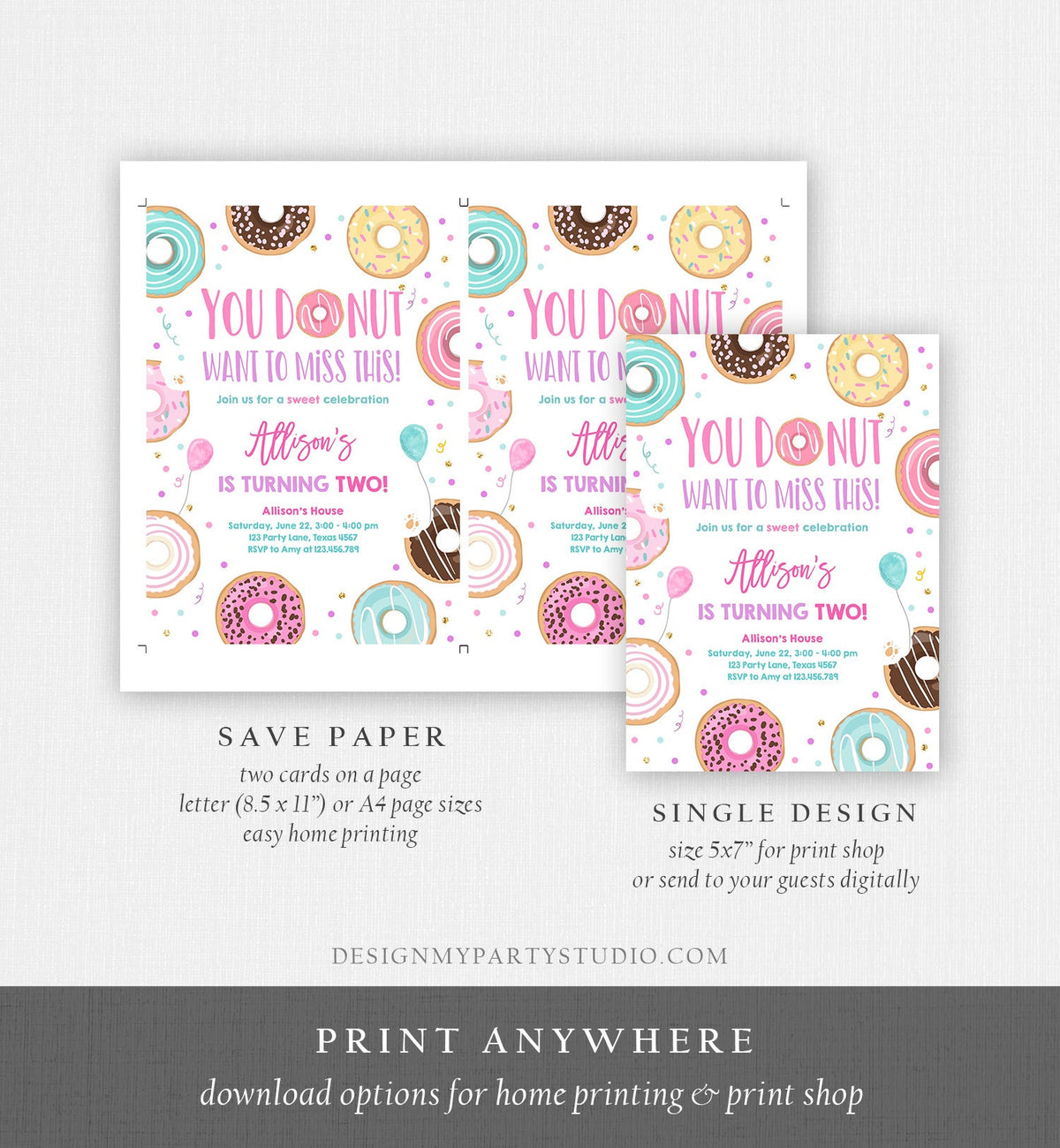 Editable Donut Want To Miss This Birthday Invitation Sweet Party Pink Gold Girl Doughnut Sweet One Digital Download Template Printable 0343